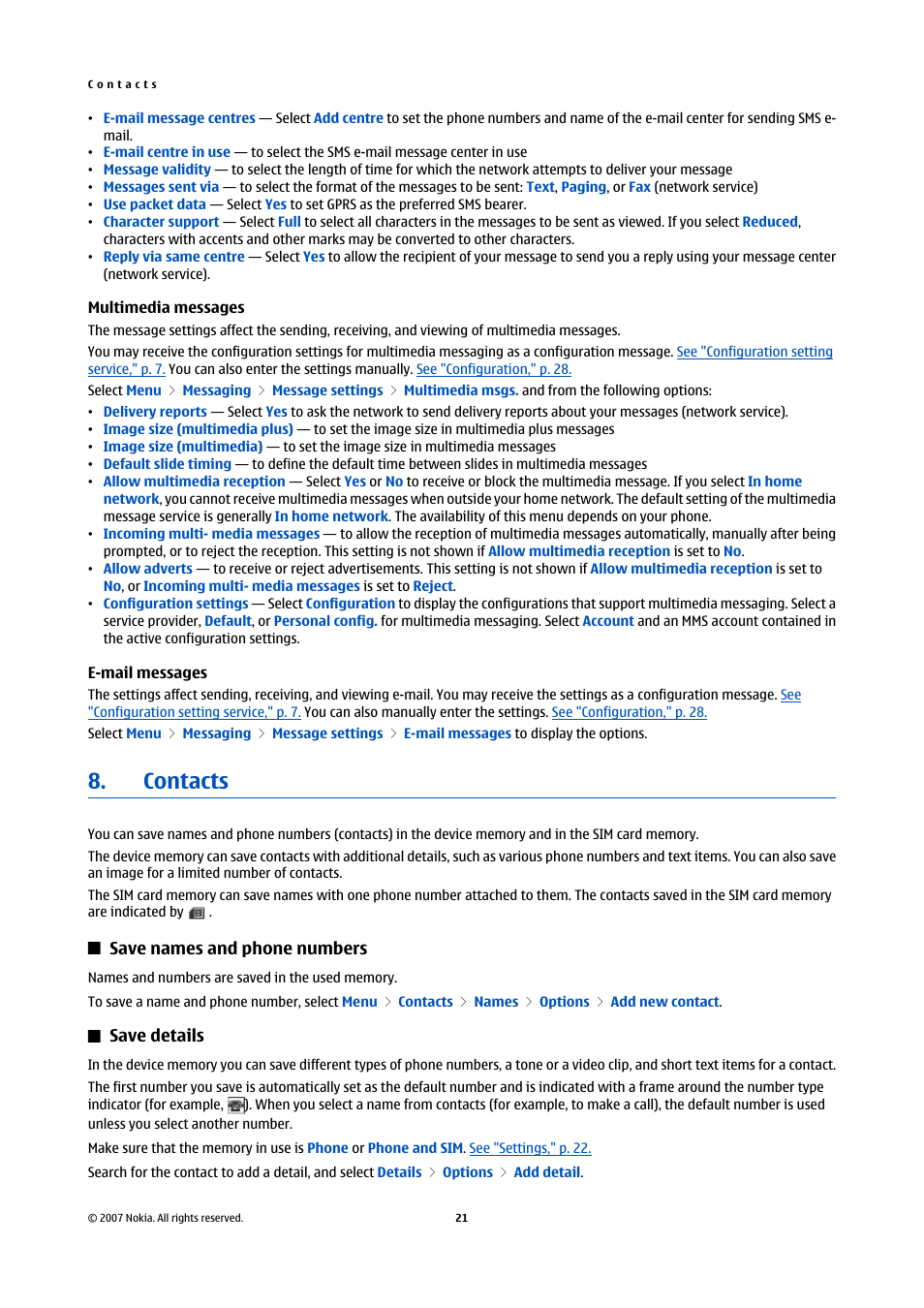 Multimedia messages, E-mail messages, Contacts | Save names and phone numbers, Save details, See "e-mail, Messages," p. 21 | Nokia Nokia 3110 classic EN User Manual | Page 21 / 48