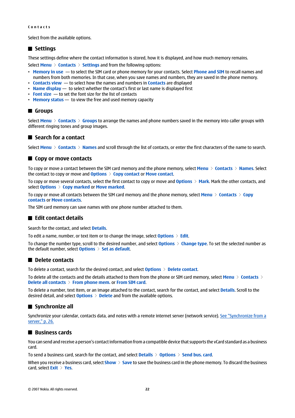 Settings, Groups, Search for a contact | Copy or move contacts, Edit contact details, Delete contacts, Synchronize all, Business cards, See "search for a contact," p. 22, Press the call | Nokia Nokia 3110 classic EN User Manual | Page 22 / 48