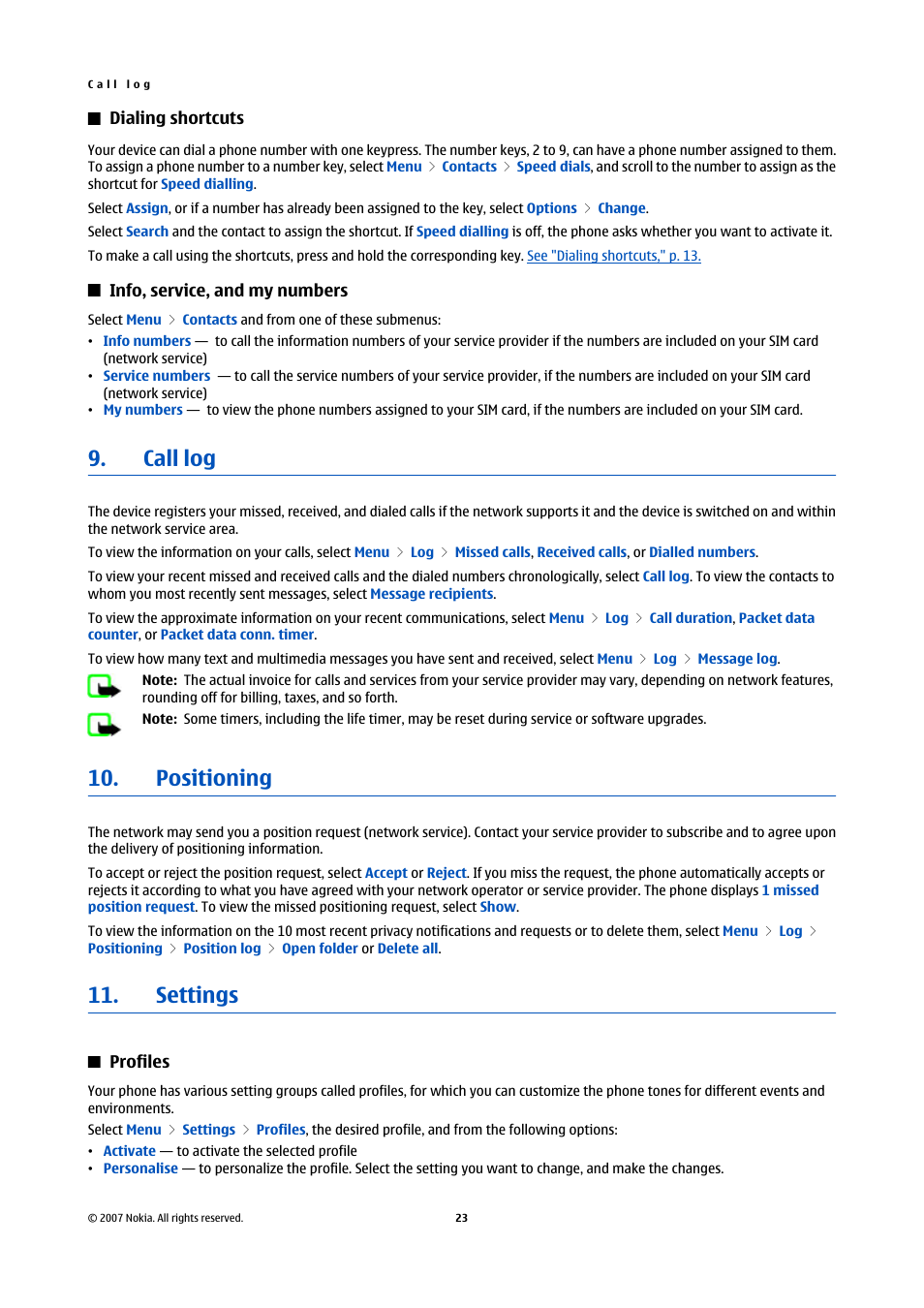 Dialing shortcuts, Info, service, and my numbers, Call log | Positioning, Settings, Profiles, Call log 10. positioning 11. settings, See "dialing shortcuts," p. 23 | Nokia Nokia 3110 classic EN User Manual | Page 23 / 48