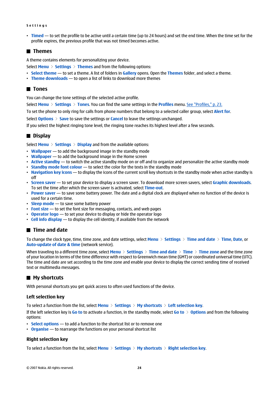 Themes, Tones, Display | Time and date, My shortcuts, Left selection key, Right selection key, See "time and date," p. 24, See "left selection key," p. 24, See "right selection key," p. 24 | Nokia Nokia 3110 classic EN User Manual | Page 24 / 48