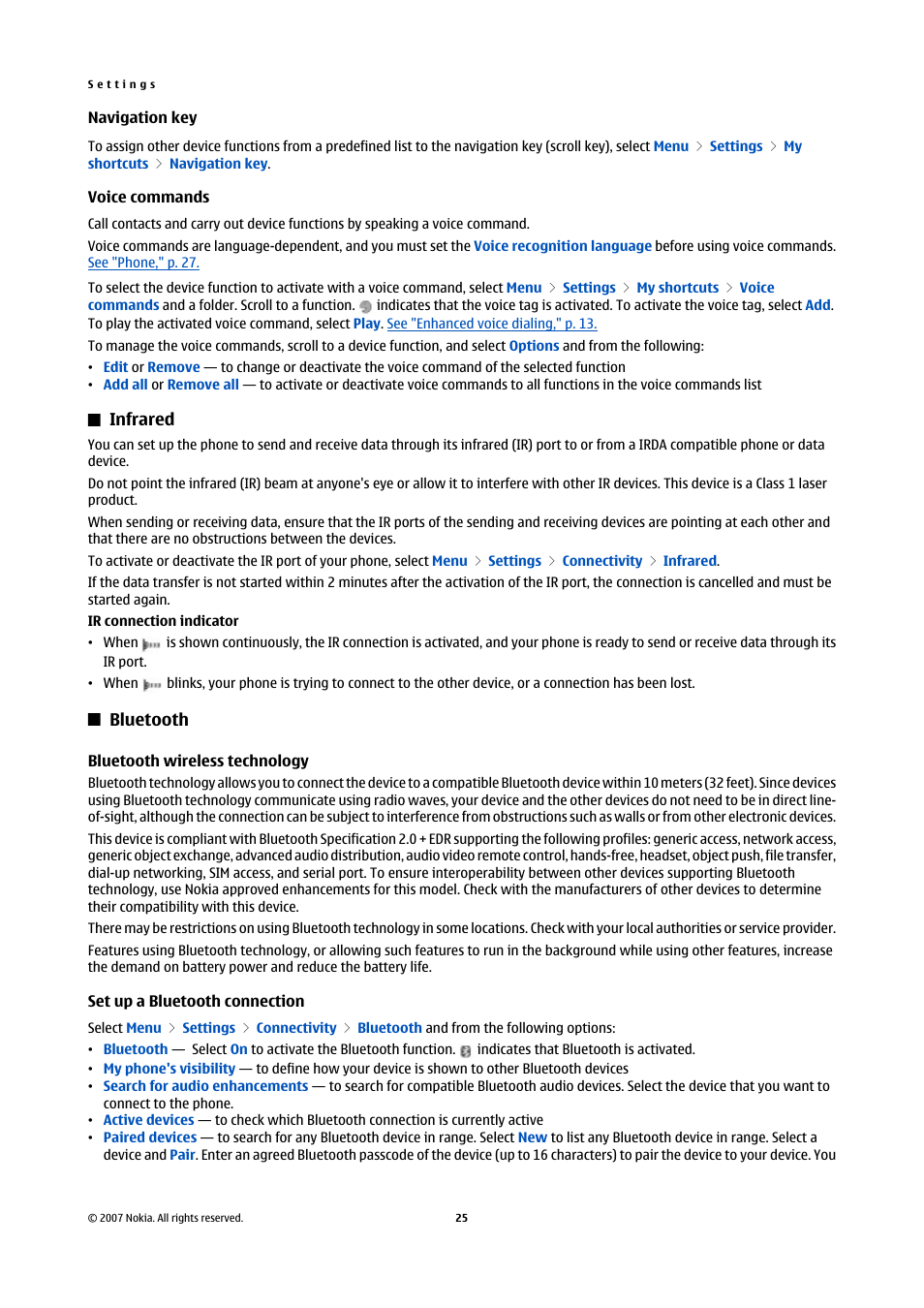 Navigation key, Voice commands, Infrared | Bluetooth, Bluetooth wireless technology, Set up a bluetooth connection, See "voice commands," p. 25 | Nokia Nokia 3110 classic EN User Manual | Page 25 / 48