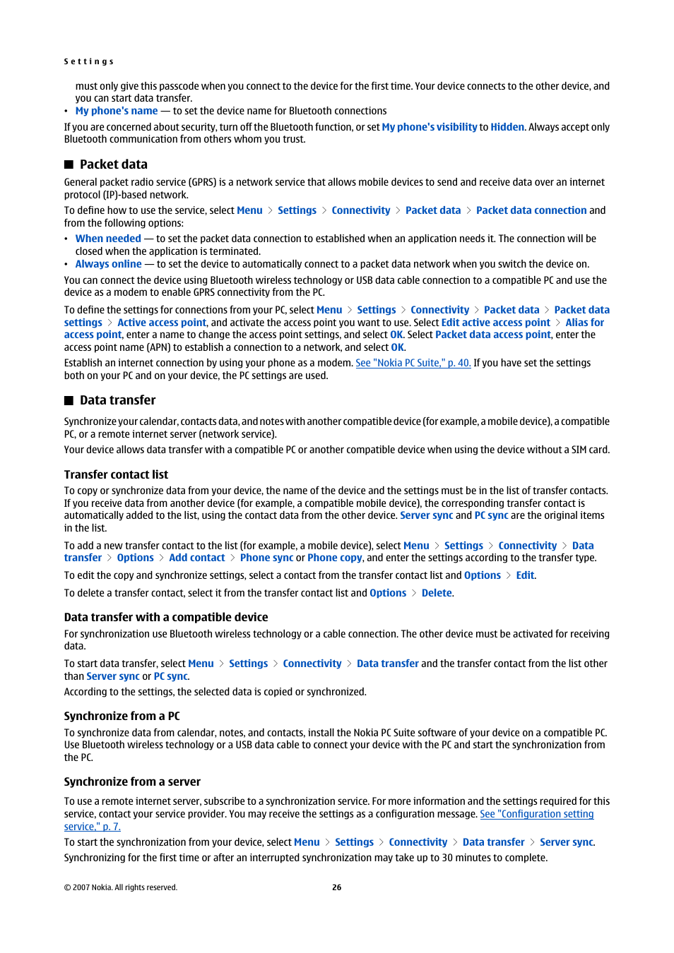 Packet data, Data transfer, Transfer contact list | Data transfer with a compatible device, Synchronize from a pc, Synchronize from a server | Nokia Nokia 3110 classic EN User Manual | Page 26 / 48