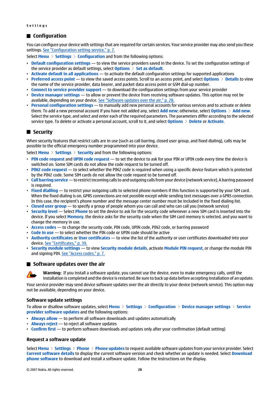 Configuration, Security, Software updates over the air | Software update settings, Request a software update, See "security," p. 28, See "software updates over the air," p. 28, See "configuration," p. 28, You can also enter the settings manually, You can also manually enter the settings | Nokia Nokia 3110 classic EN User Manual | Page 28 / 48