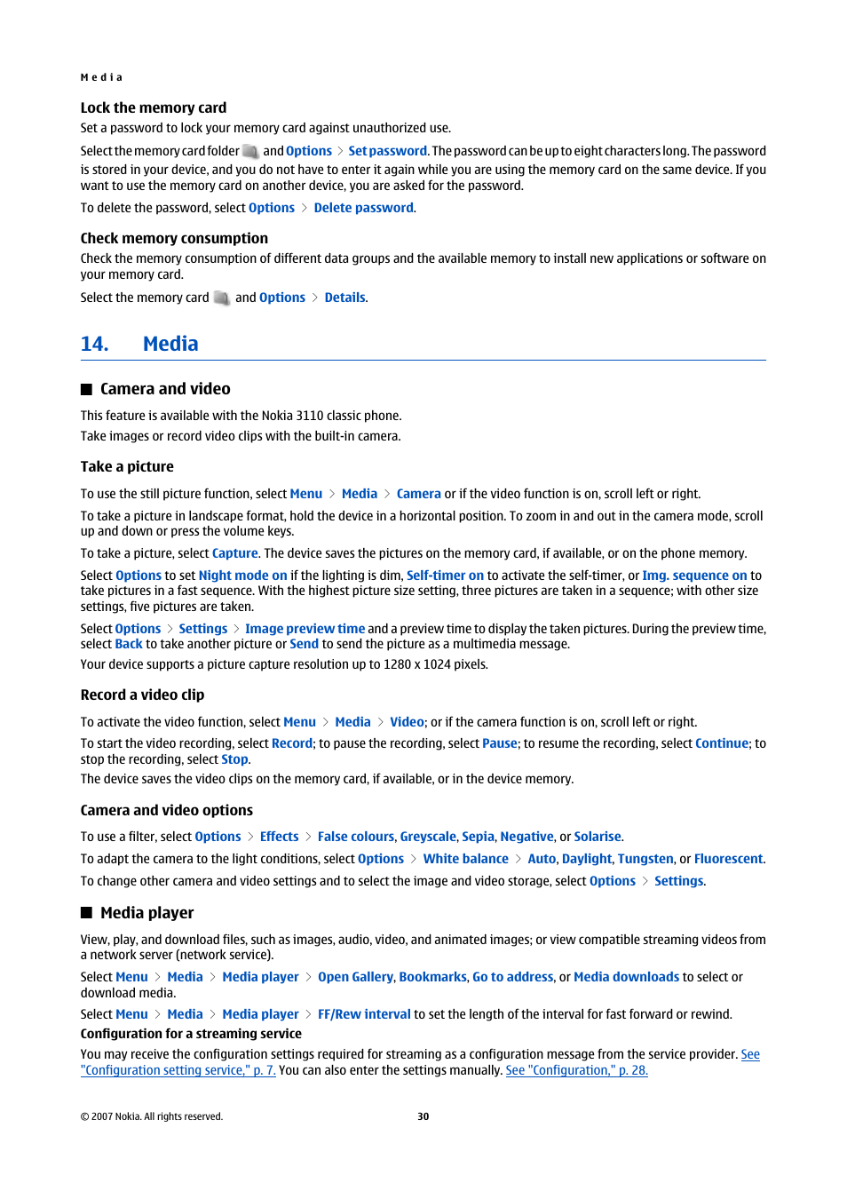 Lock the memory card, Check memory consumption, Media | Camera and video, Take a picture, Record a video clip, Camera and video options, Media player | Nokia Nokia 3110 classic EN User Manual | Page 30 / 48