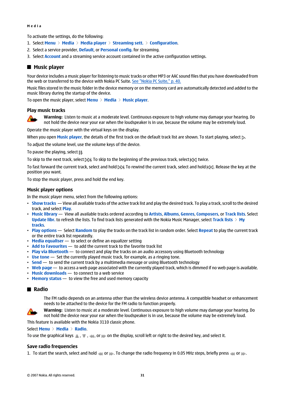 Music player, Play music tracks, Music player options | Radio, Save radio frequencies | Nokia Nokia 3110 classic EN User Manual | Page 31 / 48