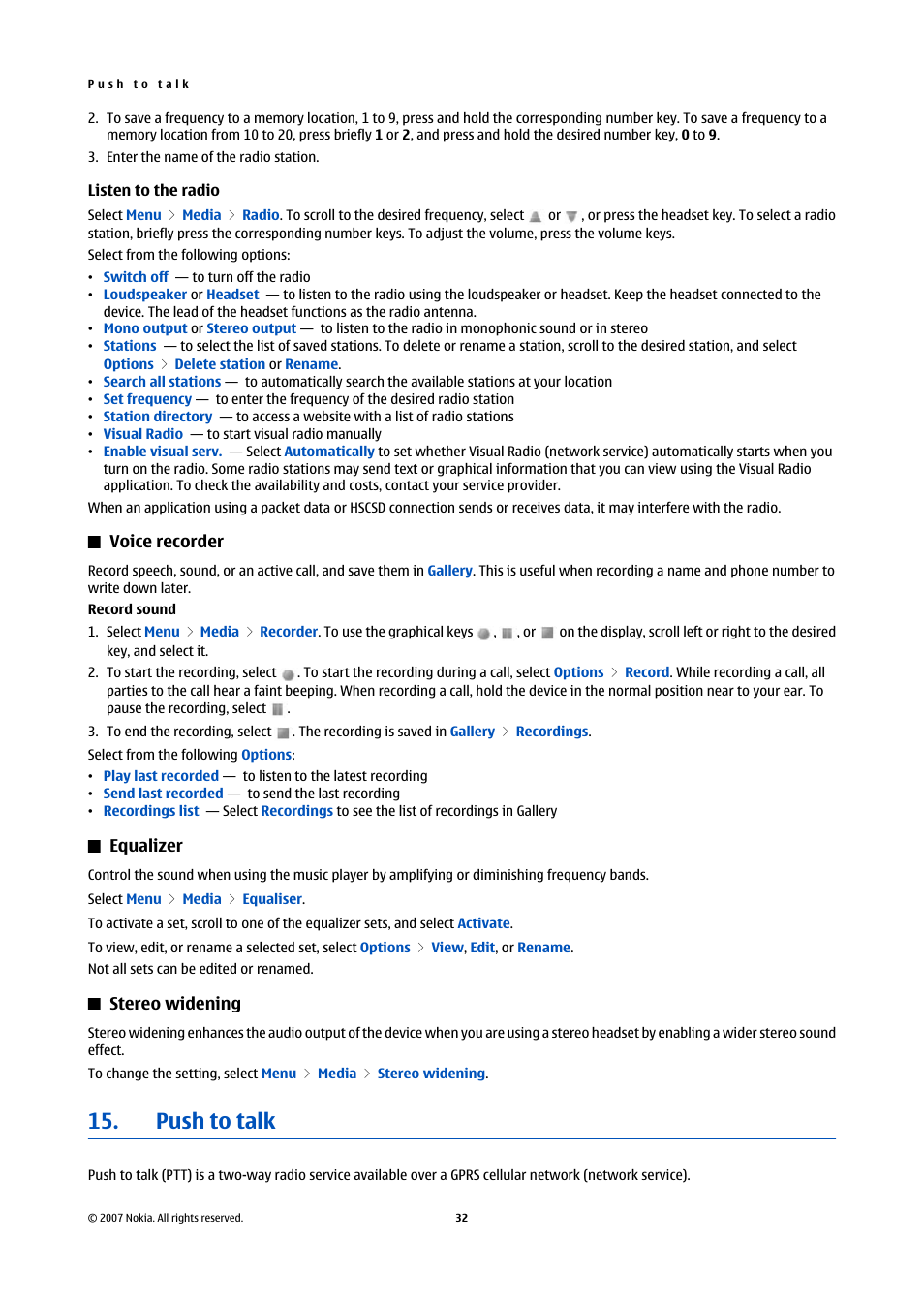 Listen to the radio, Voice recorder, Equalizer | Stereo widening, Push to talk, The voice recorder opens, See "voice, Recorder," p. 32 | Nokia Nokia 3110 classic EN User Manual | Page 32 / 48