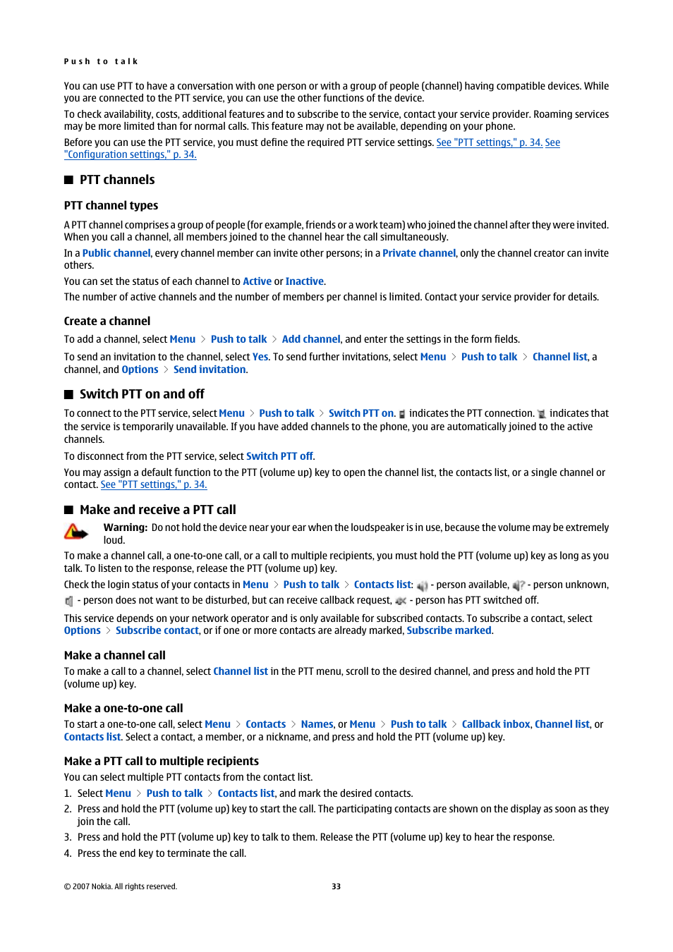 Ptt channels, Ptt channel types, Create a channel | Switch ptt on and off, Make and receive a ptt call, Make a channel call, Make a one-to-one call, Make a ptt call to multiple recipients | Nokia Nokia 3110 classic EN User Manual | Page 33 / 48