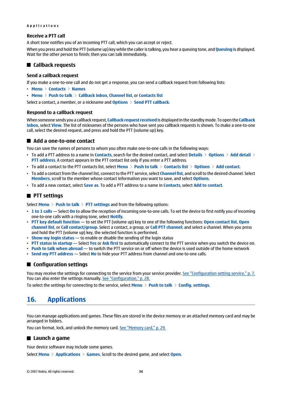 Receive a ptt call, Callback requests, Send a callback request | Respond to a callback request, Add a one-to-one contact, Ptt settings, Configuration settings, Applications, Launch a game, See "ptt settings," p. 34 | Nokia Nokia 3110 classic EN User Manual | Page 34 / 48