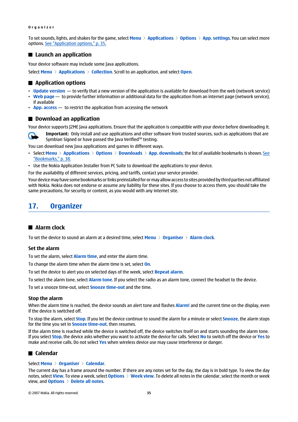 Launch an application, Application options, Download an application | Organizer, Alarm clock, Set the alarm, Stop the alarm, Calendar | Nokia Nokia 3110 classic EN User Manual | Page 35 / 48