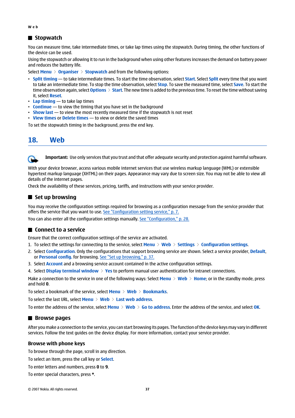 Stopwatch, Set up browsing, Connect to a service | Browse with phone keys | Nokia Nokia 3110 classic EN User Manual | Page 37 / 48