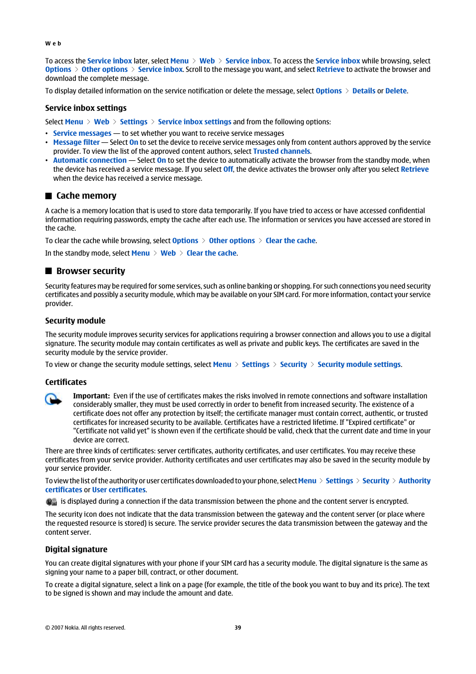 Service inbox settings, Cache memory, Browser security | Security module, Certificates, Digital signature, See "security module," p. 39, See "digital signature," p. 39 | Nokia Nokia 3110 classic EN User Manual | Page 39 / 48