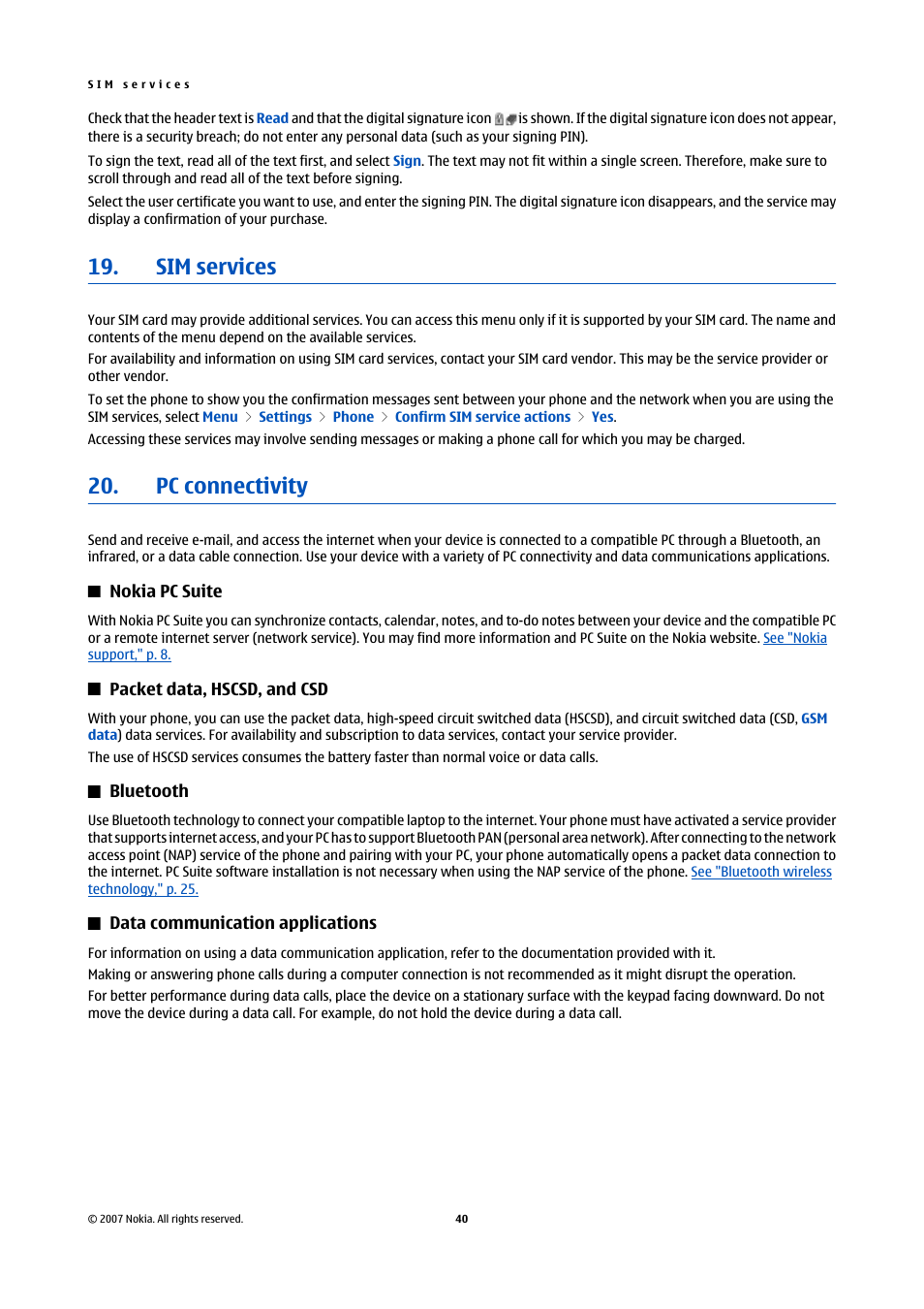 Sim services, Pc connectivity, Nokia pc suite | Packet data, hscsd, and csd, Bluetooth, Data communication applications, Sim services 20. pc connectivity, See "sim services," p. 40, Technology, See "pc connectivity," p. 40 | Nokia Nokia 3110 classic EN User Manual | Page 40 / 48