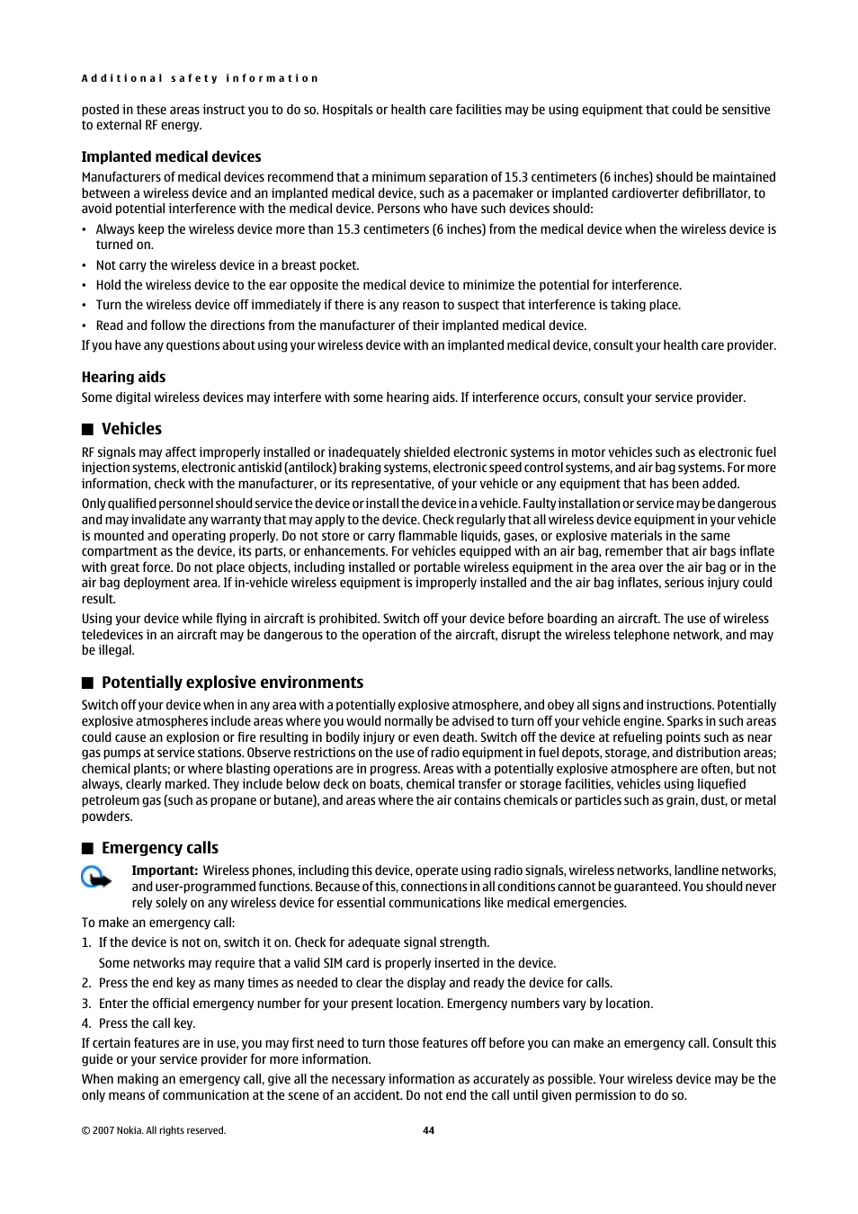 Implanted medical devices, Hearing aids, Vehicles | Potentially explosive environments, Emergency calls | Nokia Nokia 3110 classic EN User Manual | Page 44 / 48