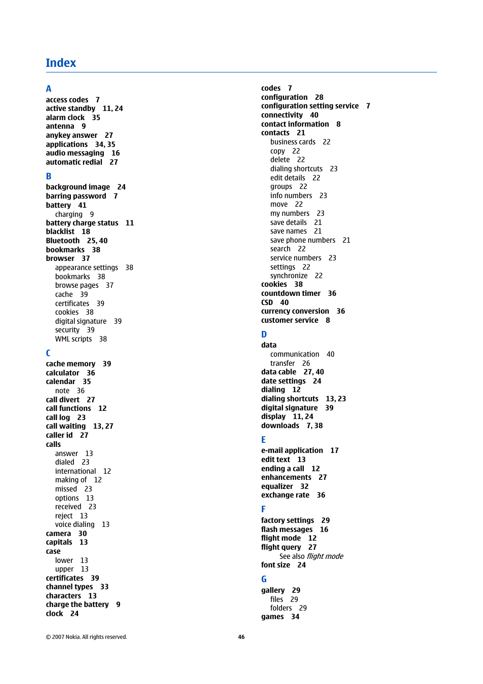 Index | Nokia Nokia 3110 classic EN User Manual | Page 46 / 48