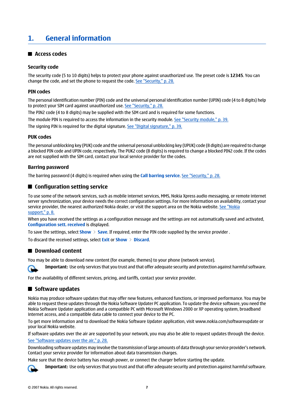 General information, Access codes, Security code | Pin codes, Puk codes, Barring password, Configuration setting service, Download content, Software updates | Nokia Nokia 3110 classic EN User Manual | Page 7 / 48