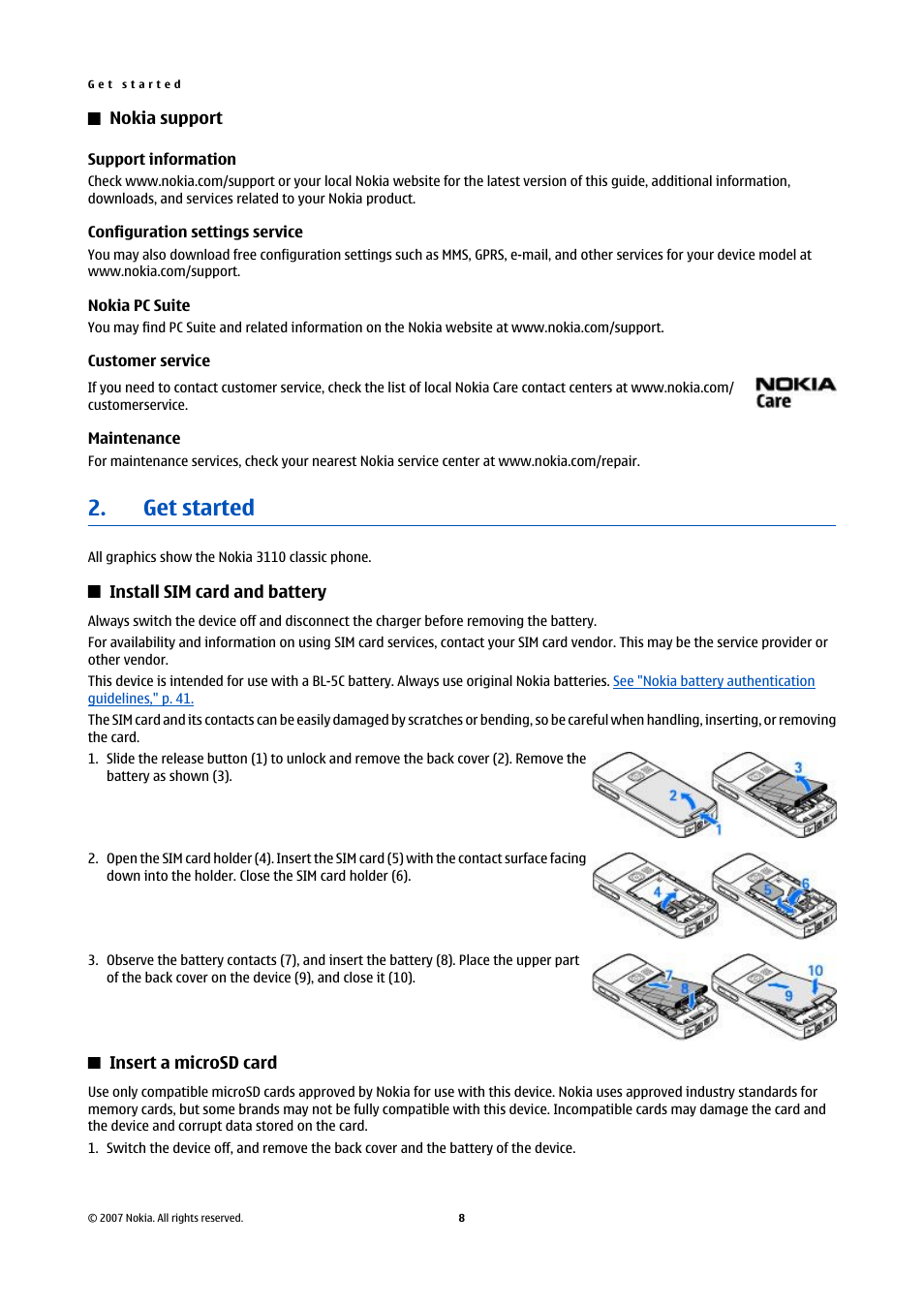 Nokia support, Support information, Configuration settings service | Nokia pc suite, Customer service, Maintenance, Get started, Install sim card and battery, Insert a microsd card, See "nokia | Nokia Nokia 3110 classic EN User Manual | Page 8 / 48