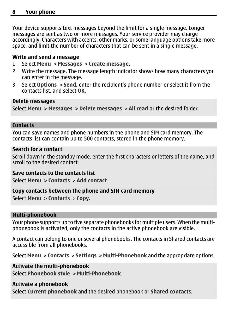 Contacts, Multi-phonebook | Nokia 1661 User Manual | Page 8 / 14