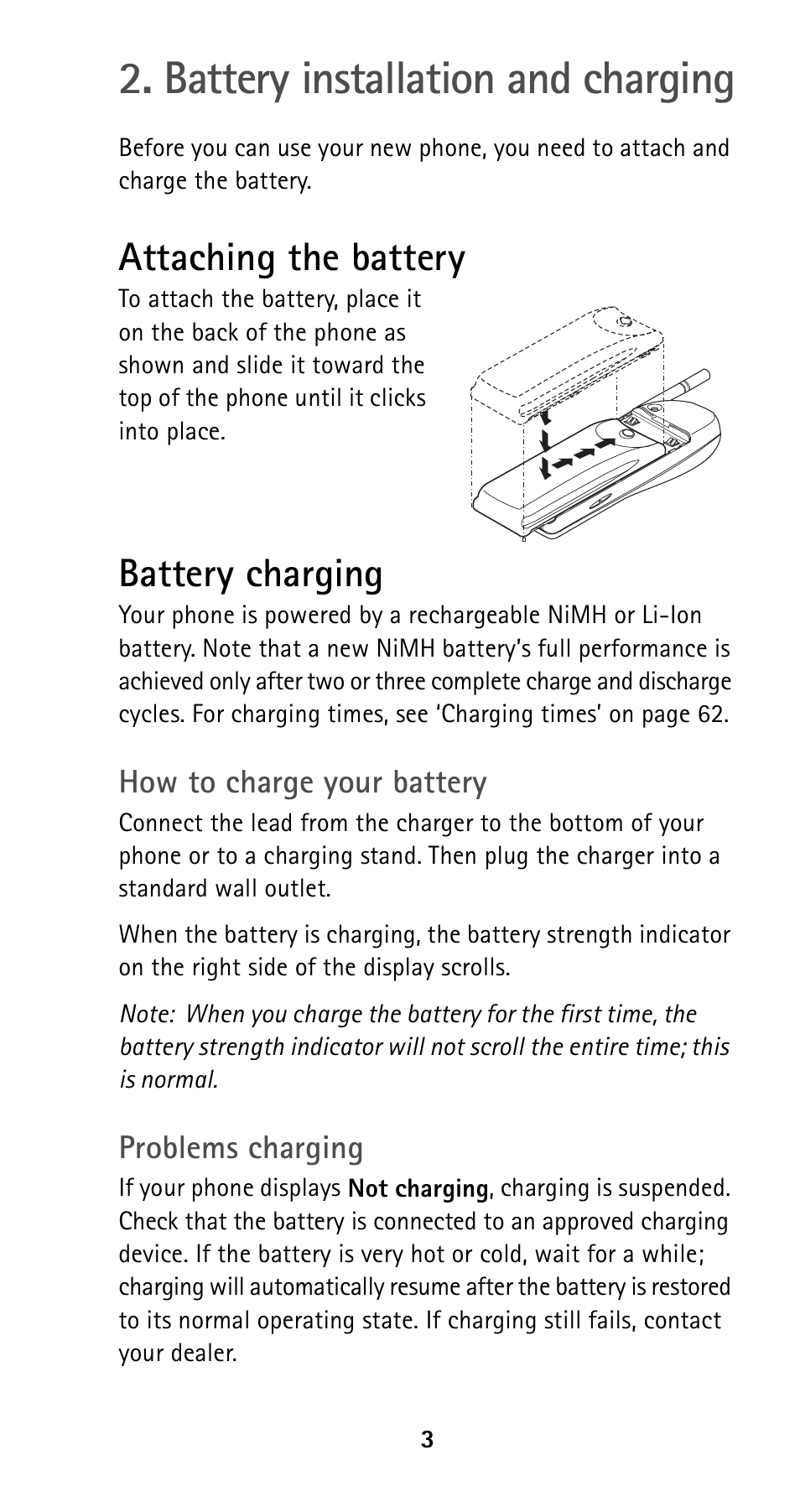 Battery installation and charging, Attaching the battery, Battery charging | Nokia 5125 User Manual | Page 10 / 89