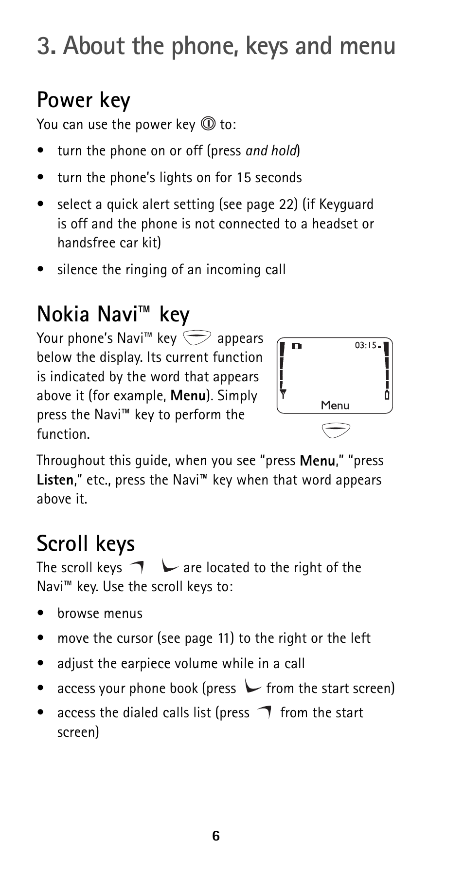 About the phone, keys and menu, Power key, Nokia navi™ key | Scroll keys, See p. 6 | Nokia 5125 User Manual | Page 13 / 89
