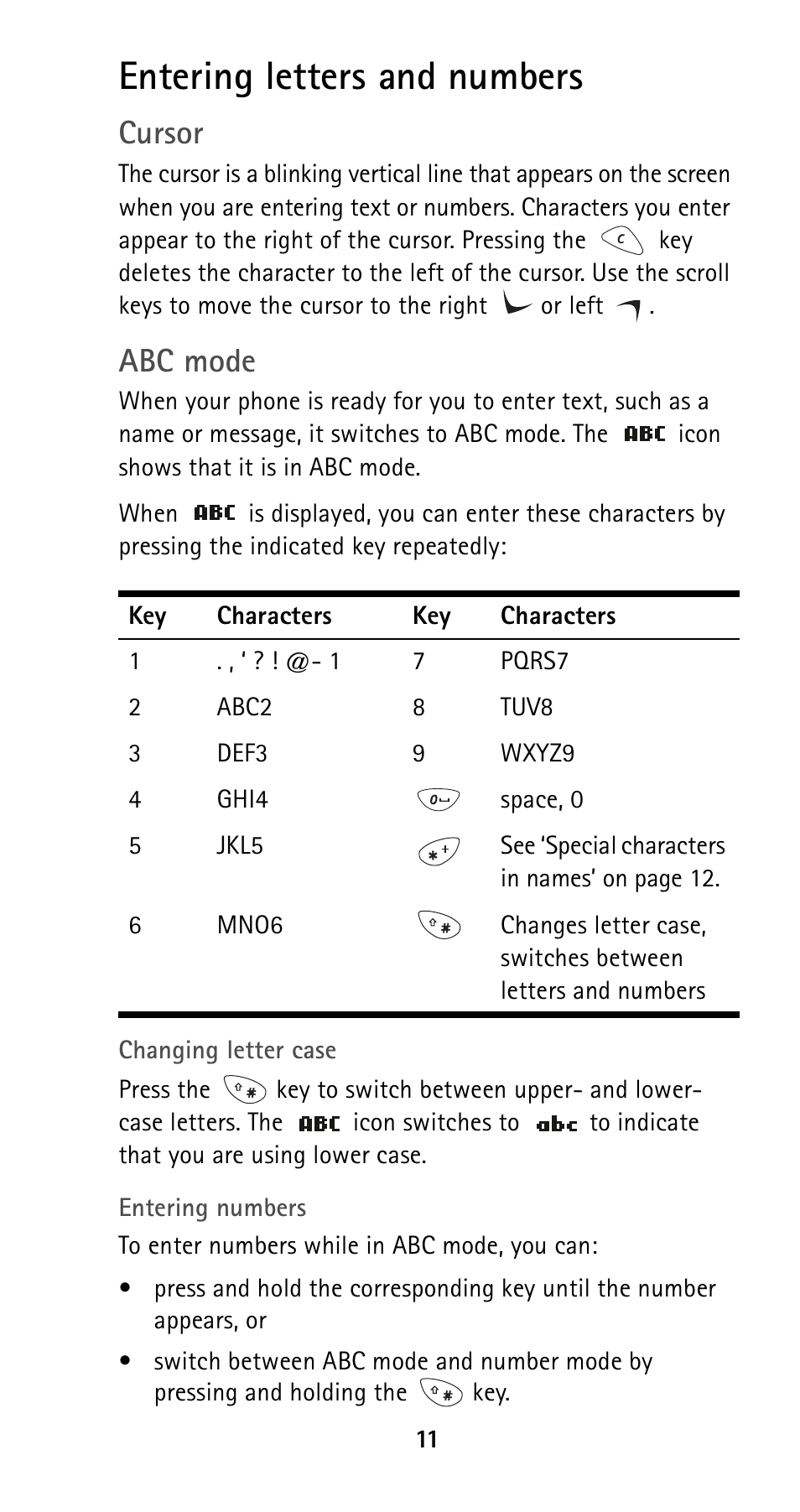 Entering letters and numbers, See p. 11, Cursor | Abc mode | Nokia 5125 User Manual | Page 18 / 89