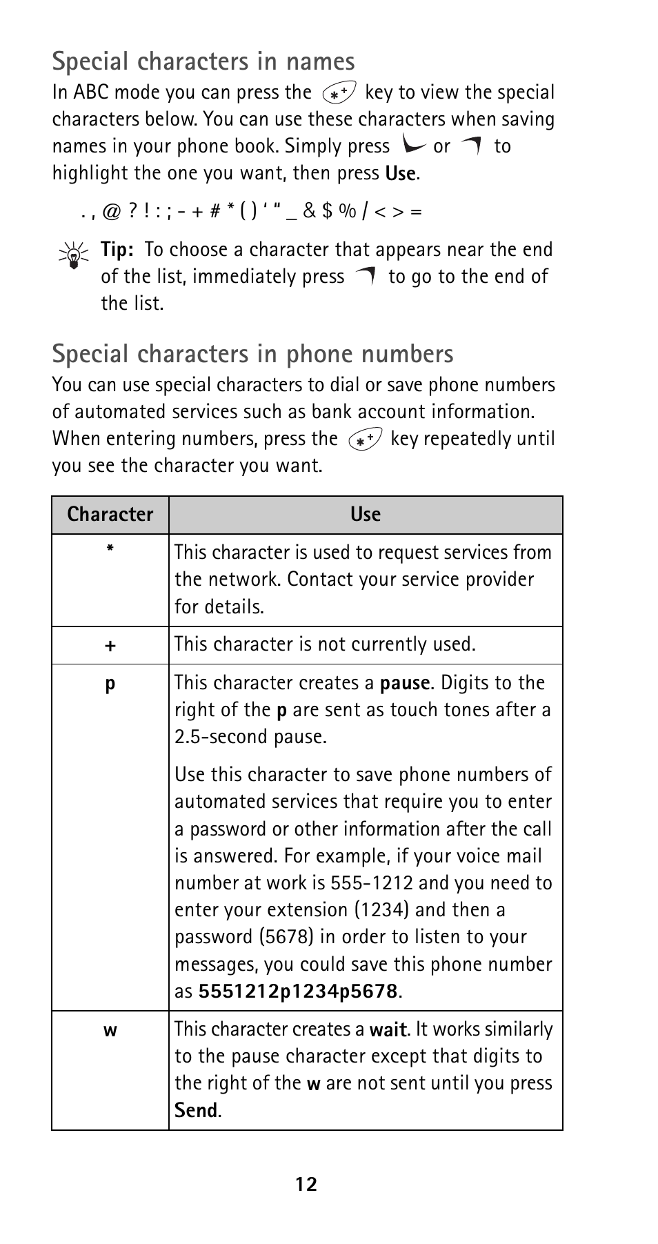 Special characters in names, Special characters in phone numbers | Nokia 5125 User Manual | Page 19 / 89