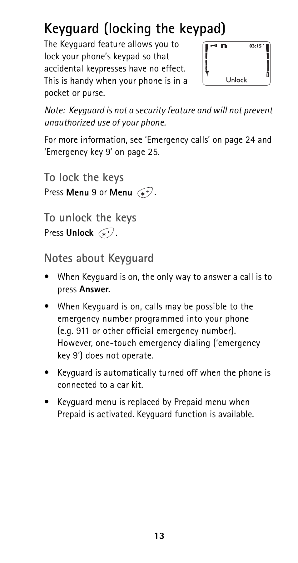 Keyguard (locking the keypad) | Nokia 5125 User Manual | Page 20 / 89