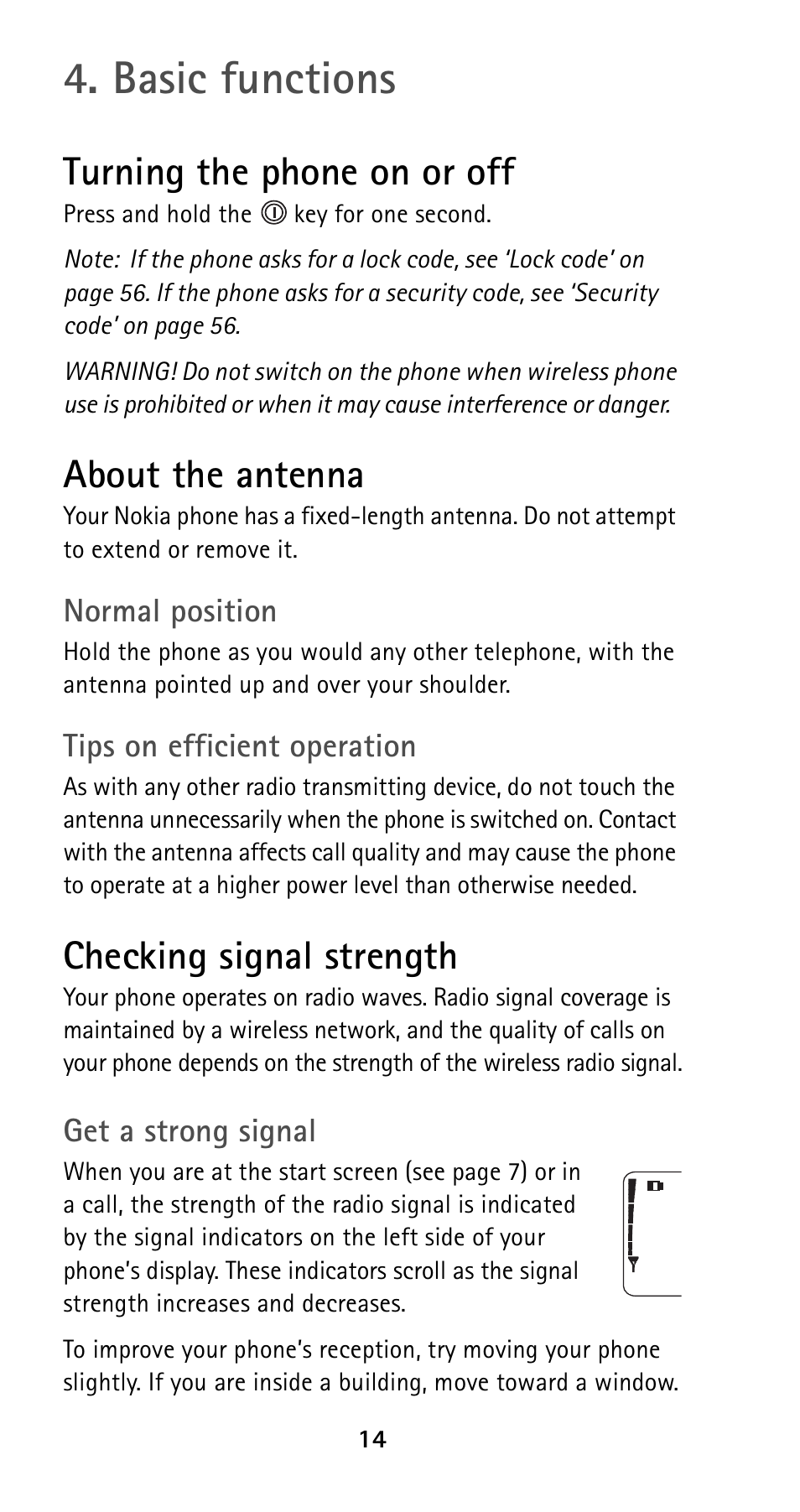 Basic functions, Turning the phone on or off, About the antenna | Checking signal strength, See p. 14 | Nokia 5125 User Manual | Page 21 / 89