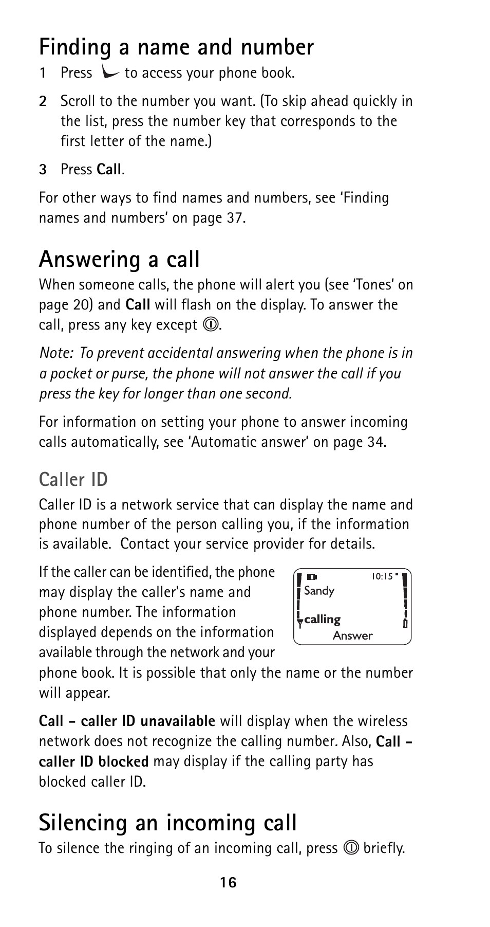 Finding a name and number, Answering a call, Silencing an incoming call | Caller id | Nokia 5125 User Manual | Page 23 / 89