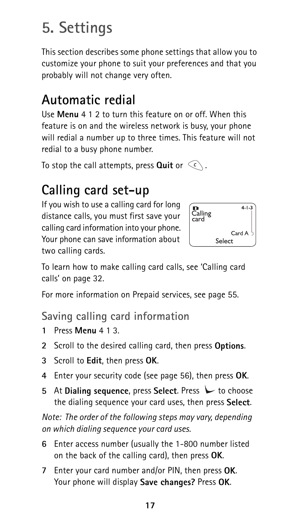 Settings, Automatic redial, Calling card set-up | Settings automatic redial calling card set-up, Saving calling card information | Nokia 5125 User Manual | Page 24 / 89