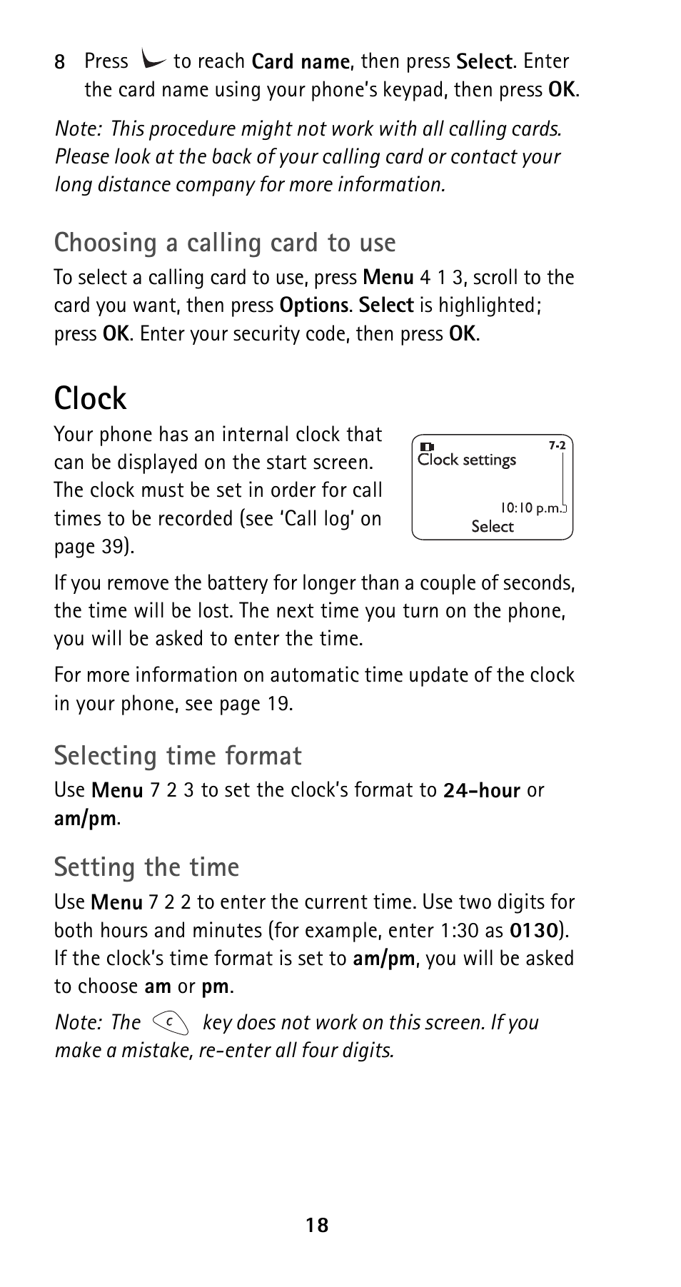 Clock, Choosing a calling card to use, Selecting time format | Setting the time | Nokia 5125 User Manual | Page 25 / 89