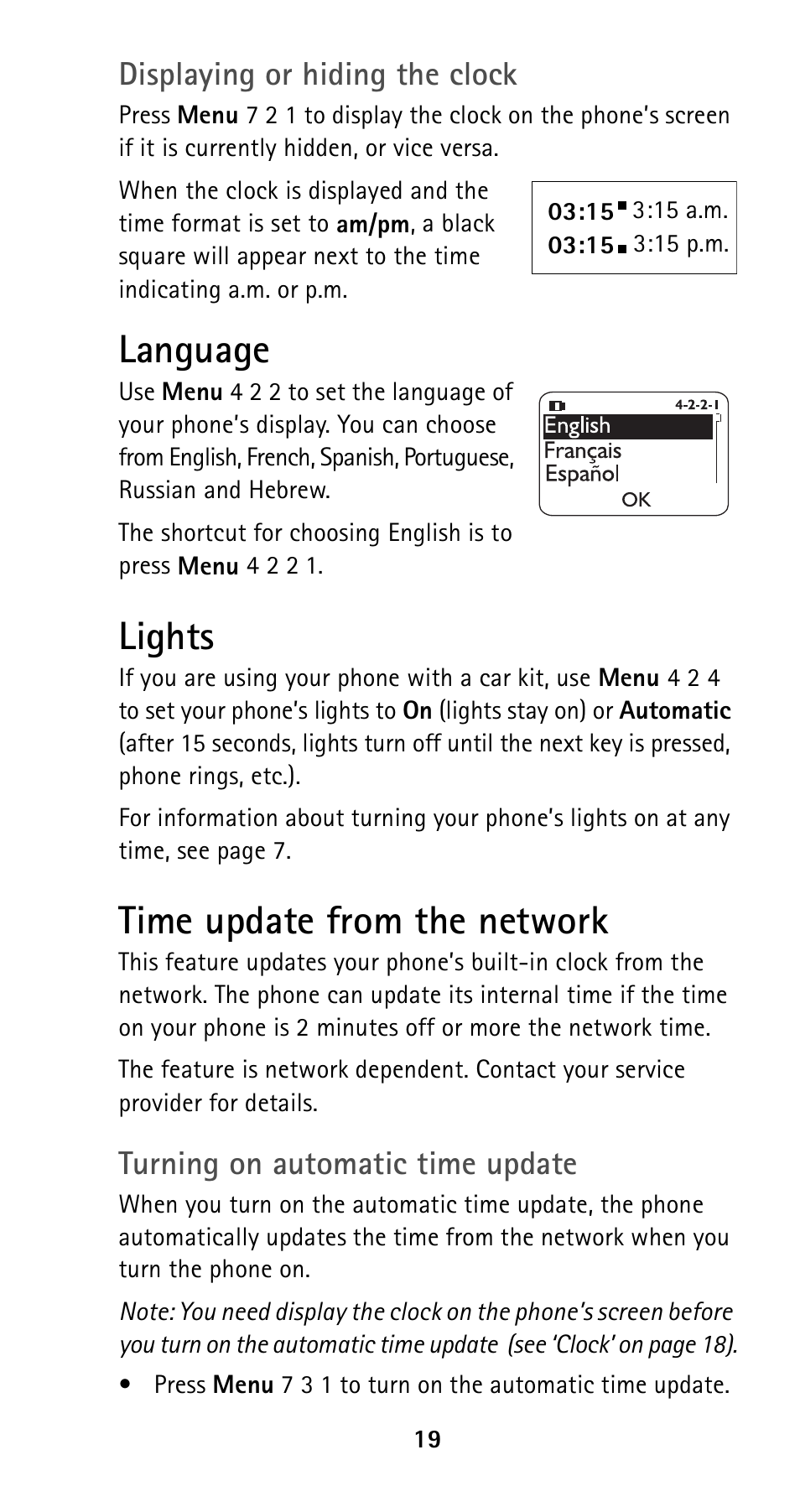 Language, Lights, Time update from the network | Language lights time update from the network | Nokia 5125 User Manual | Page 26 / 89