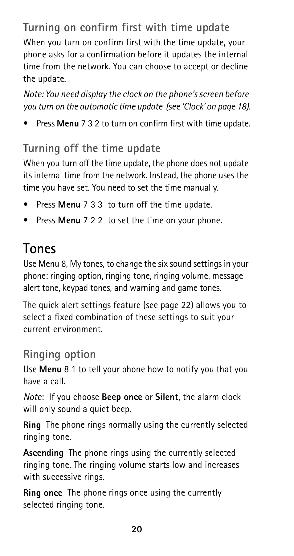 Tones, Turning on confirm first with time update, Turning off the time update | Ringing option | Nokia 5125 User Manual | Page 27 / 89