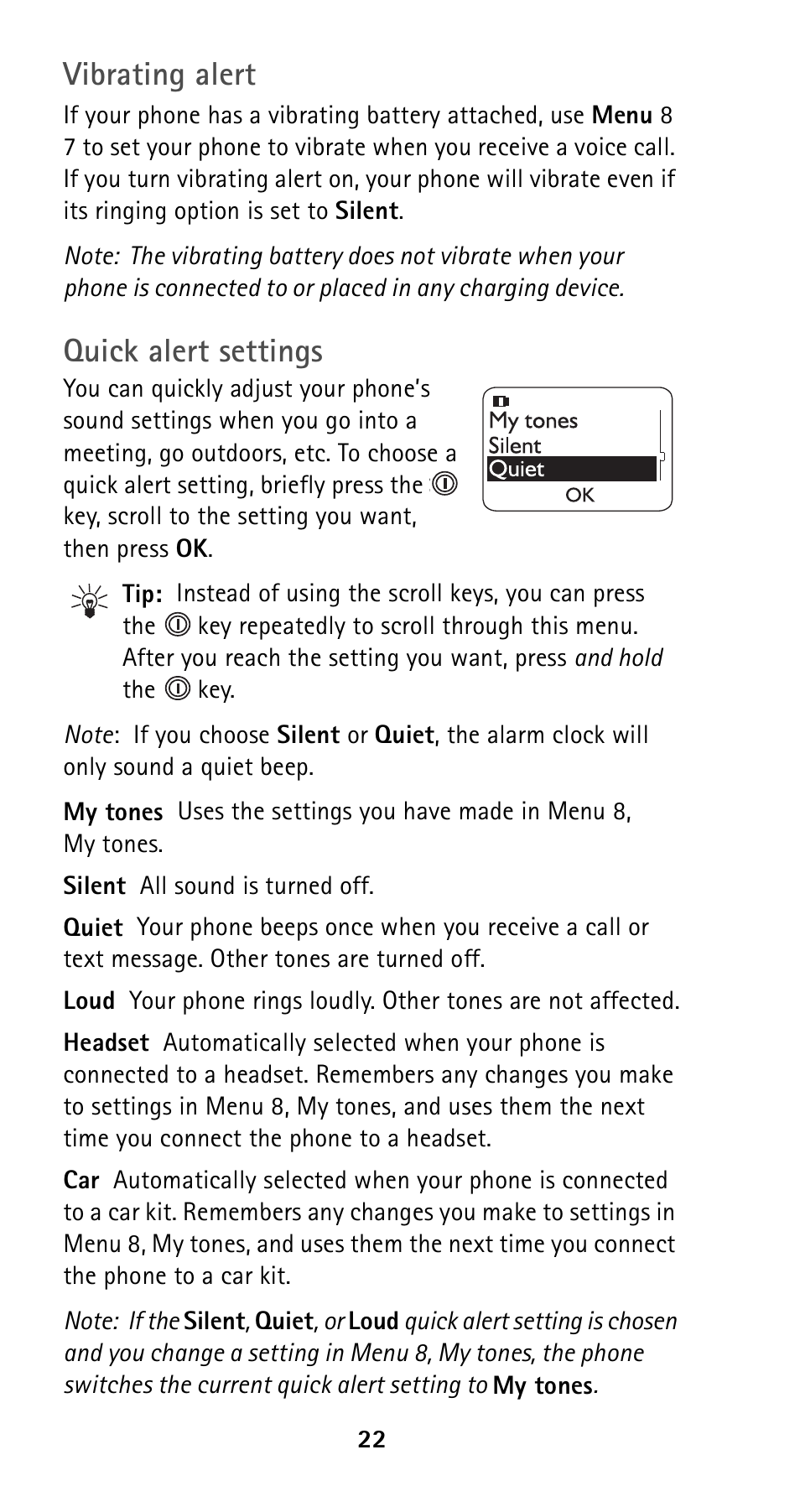 Quick alert settings, Vibrating alert | Nokia 5125 User Manual | Page 29 / 89