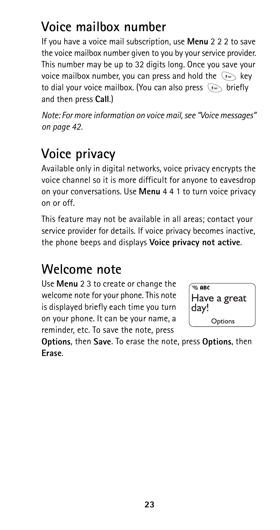 Voice mailbox number, Voice privacy, Welcome note | See p. 23, Voice mailbox number voice privacy welcome note | Nokia 5125 User Manual | Page 30 / 89