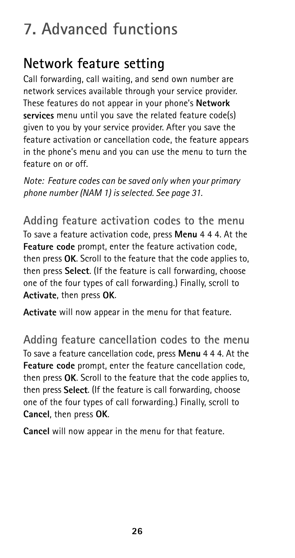 Advanced functions, Network feature setting, Adding feature activation codes to the menu | Adding feature cancellation codes to the menu, Advanced functions network feature setting | Nokia 5125 User Manual | Page 33 / 89