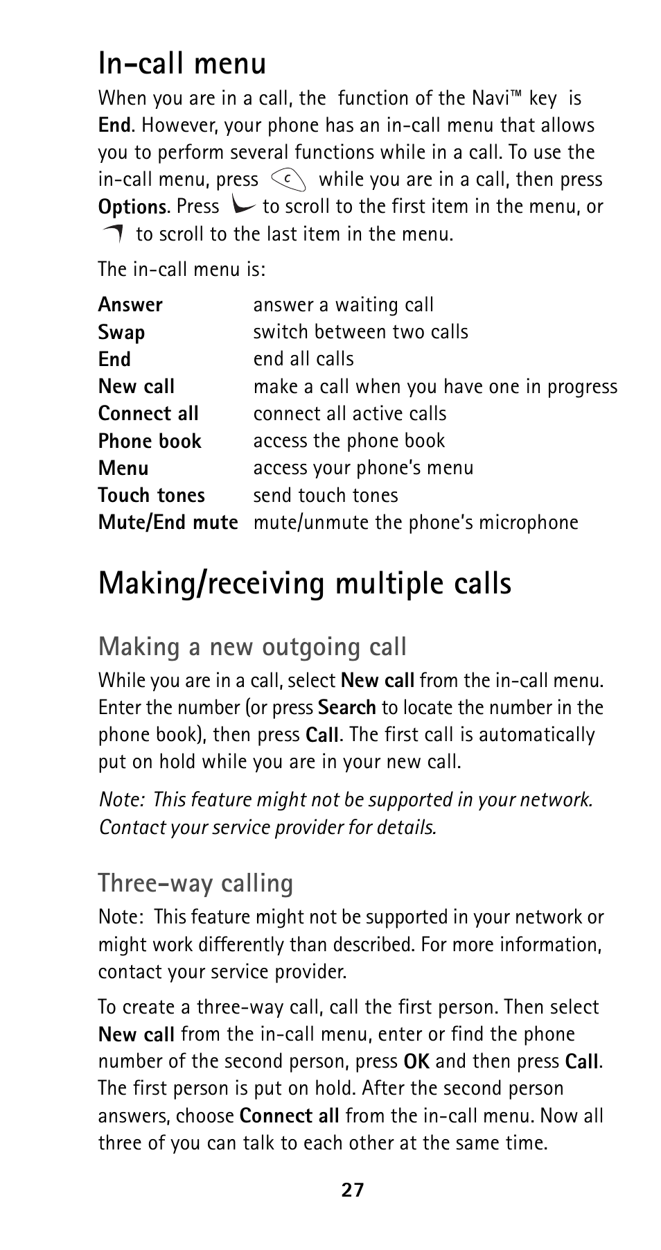 In-call menu, Making/receiving multiple calls, In-call menu making/receiving multiple calls | Making a new outgoing call, Three-way calling | Nokia 5125 User Manual | Page 34 / 89