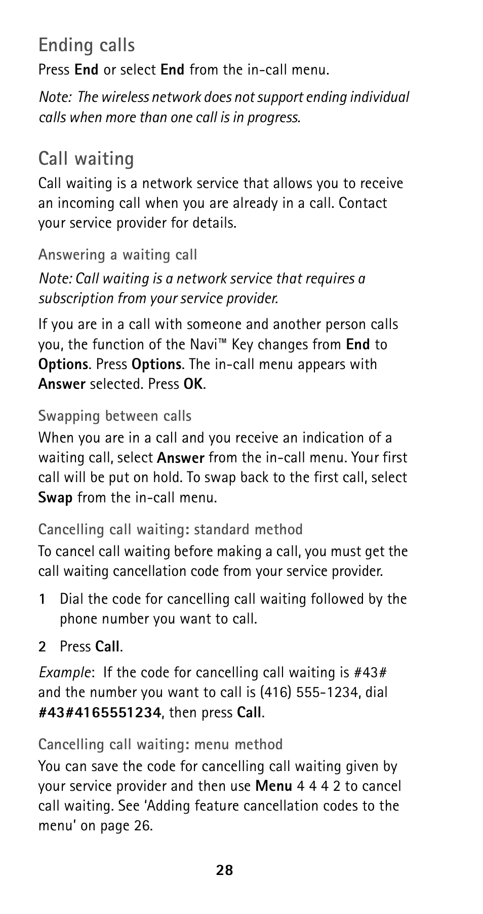 Ending calls, Call waiting | Nokia 5125 User Manual | Page 35 / 89