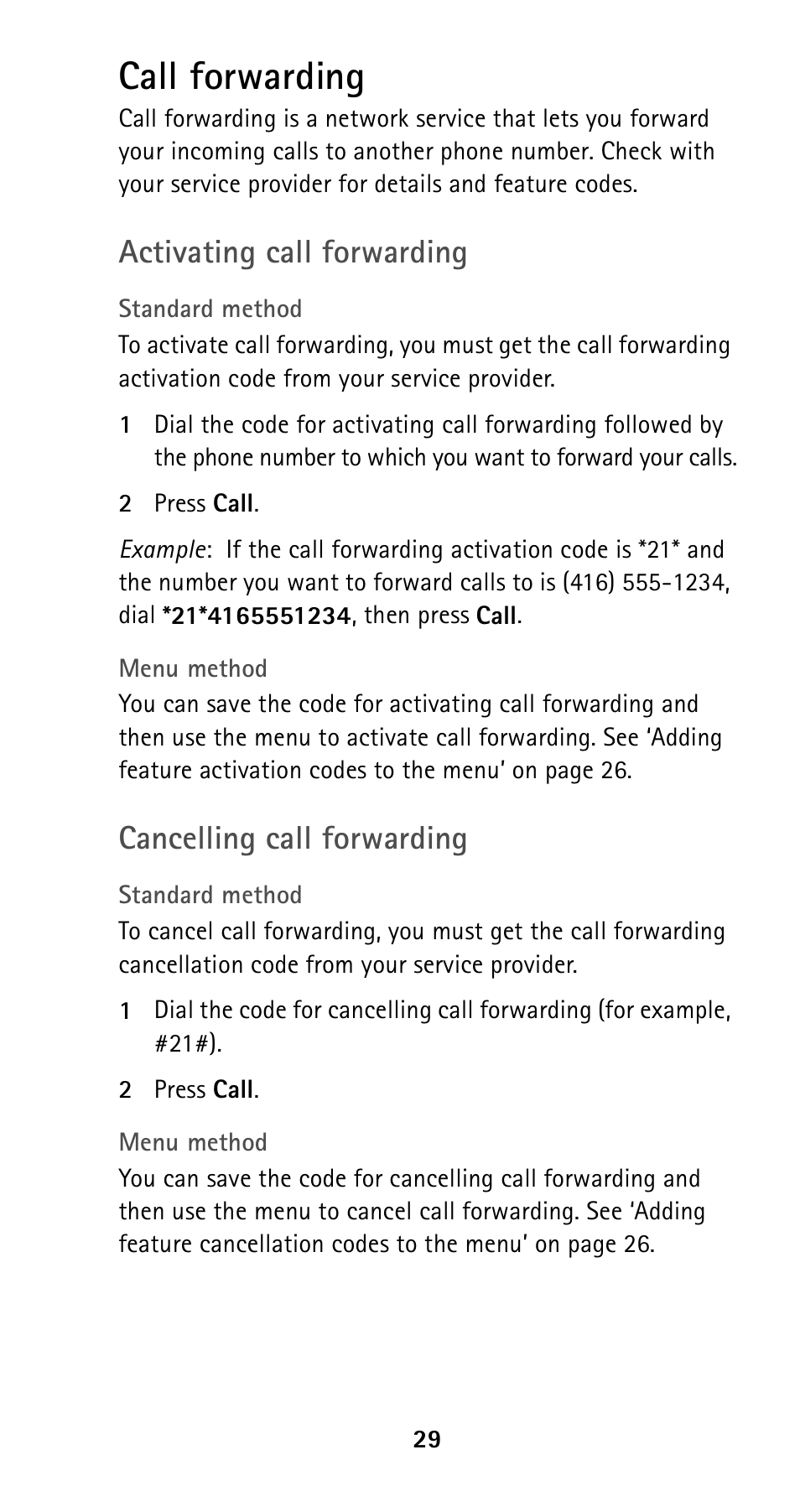 Call forwarding, Activating call forwarding, Cancelling call forwarding | Nokia 5125 User Manual | Page 36 / 89