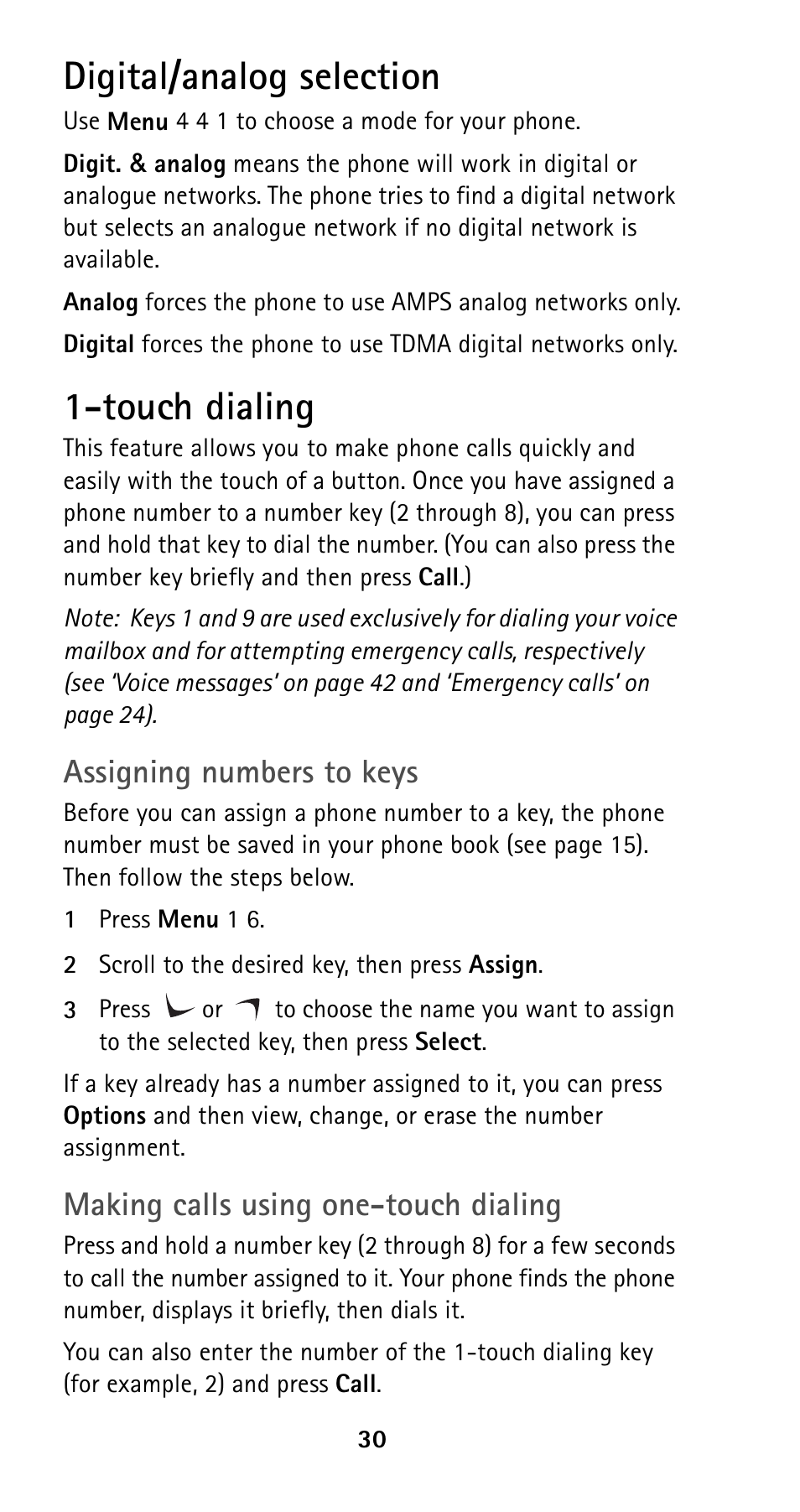 Digital/analog selection, Touch dialing, Digital/analog selection 1-touch dialing | Assigning numbers to keys, Making calls using one-touch dialing | Nokia 5125 User Manual | Page 37 / 89