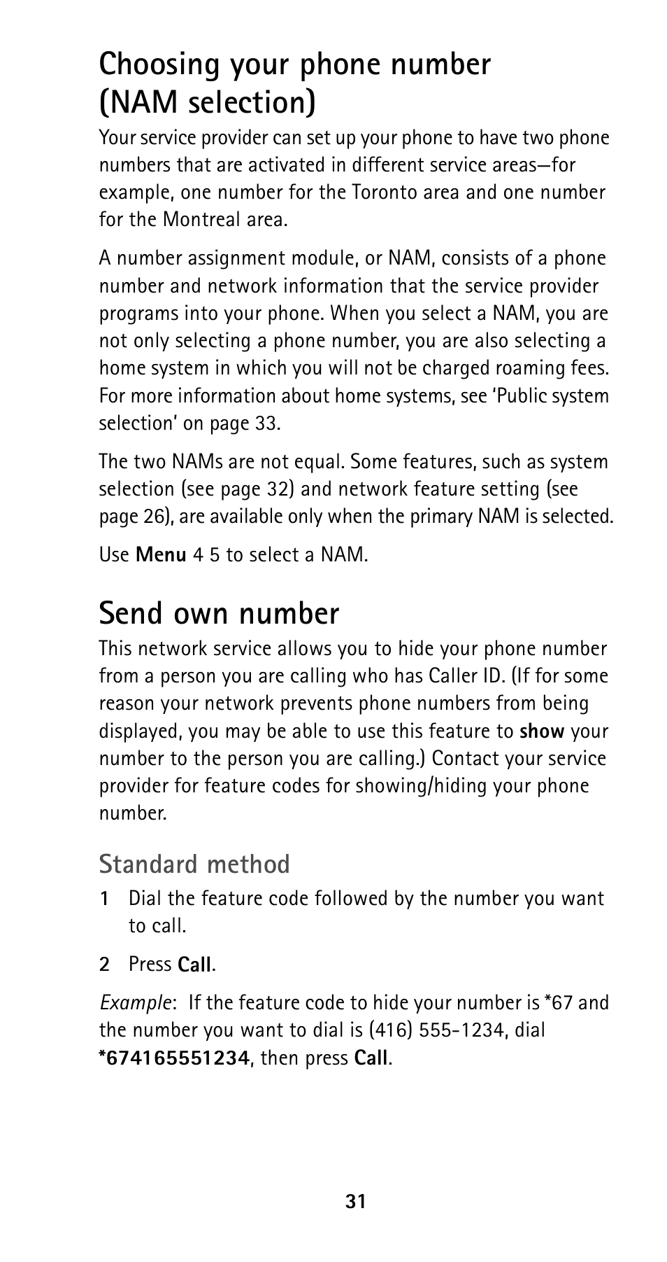 Choosing your phone number (namselection), Send own number, Choosing your phone number (nam selection) | Standard method | Nokia 5125 User Manual | Page 38 / 89