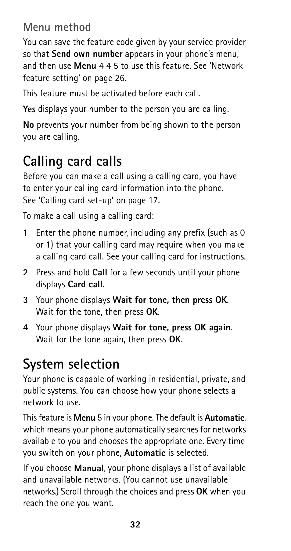 Calling card calls, System selection, Calling card calls system selection | Menu method | Nokia 5125 User Manual | Page 39 / 89