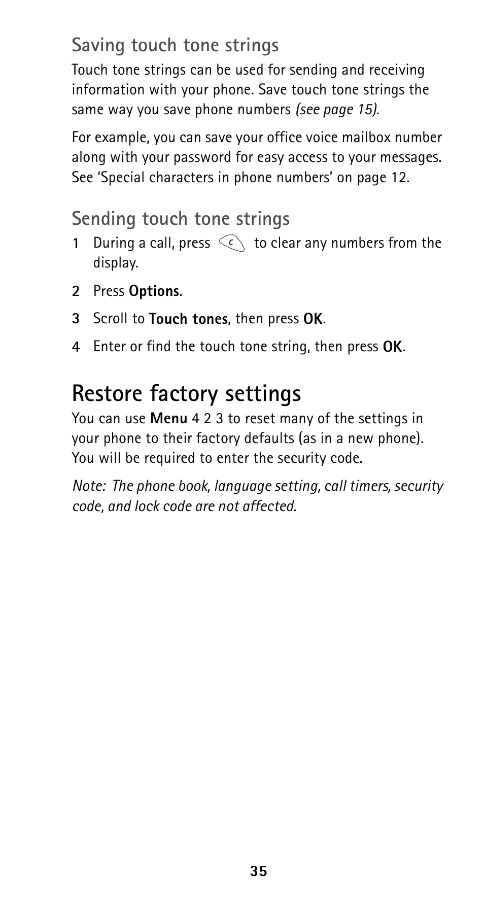 Restore factory settings, Prepaid service, Saving touch tone strings | Sending touch tone strings | Nokia 5125 User Manual | Page 42 / 89