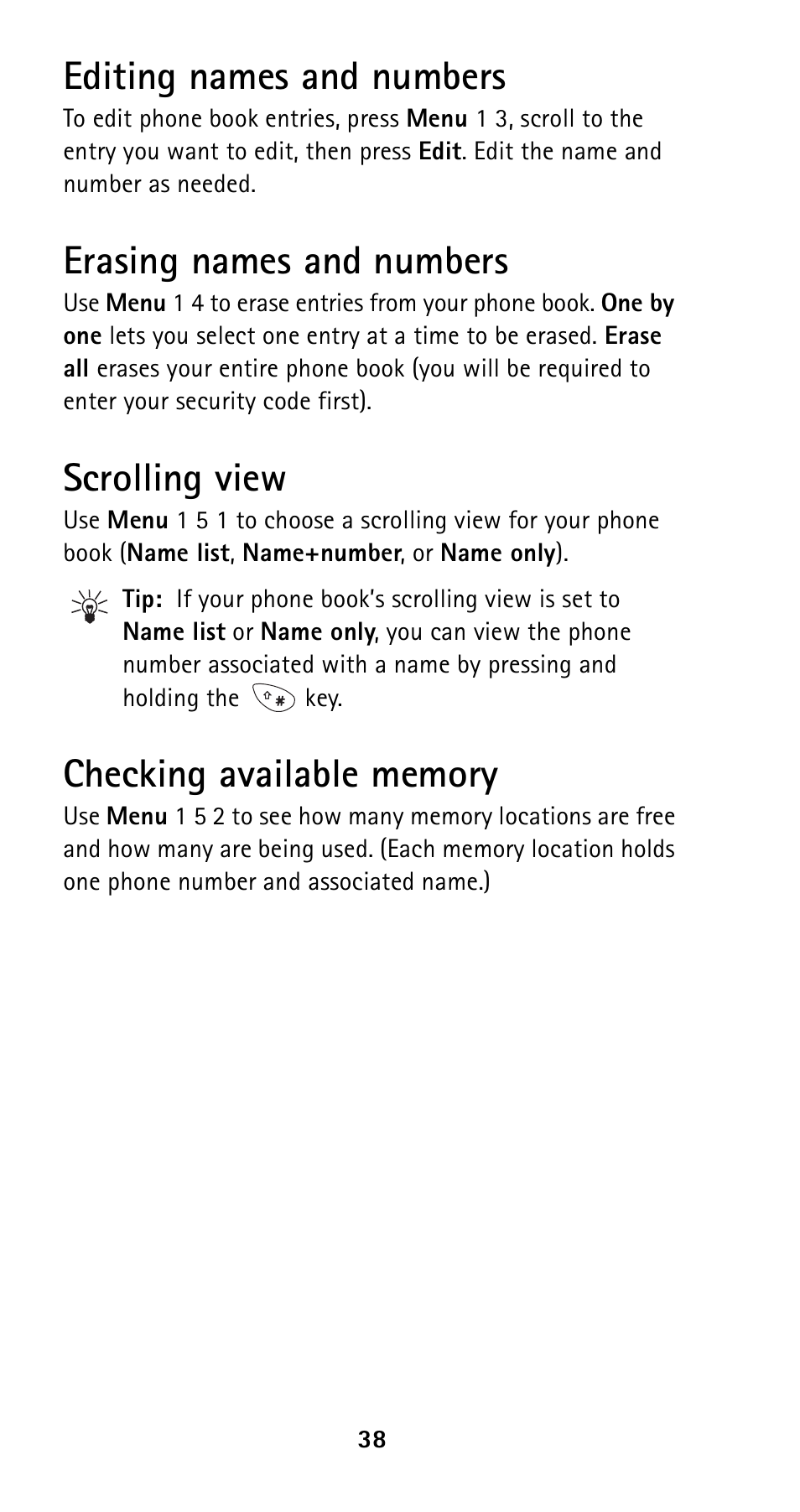 Editing names and numbers, Erasing names and numbers, Scrolling view | Checking available memory | Nokia 5125 User Manual | Page 45 / 89