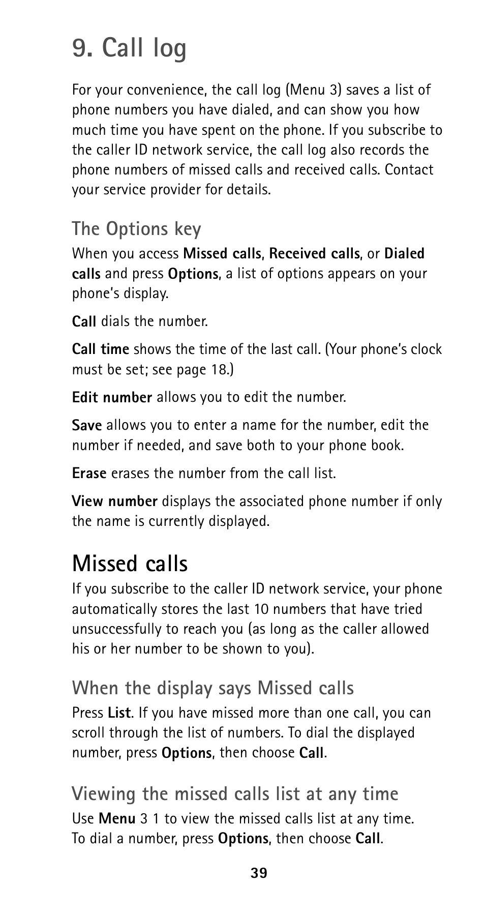 Call log, Missed calls, Call log missed calls | Nokia 5125 User Manual | Page 46 / 89