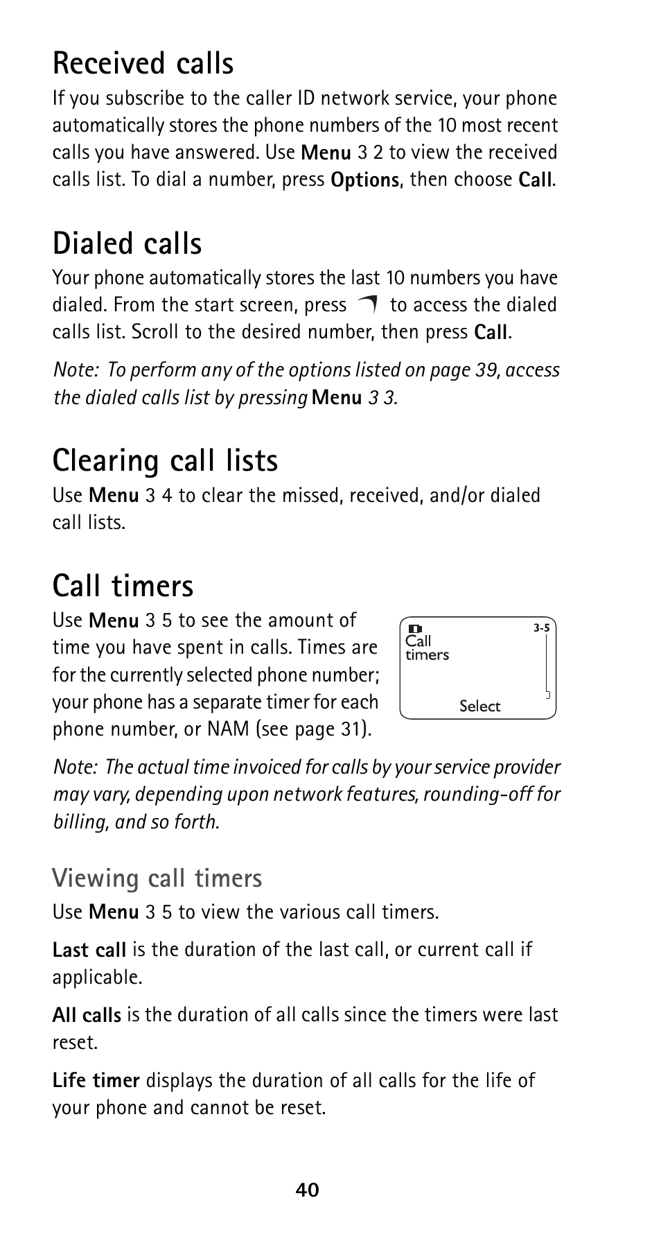 Received calls, Dialed calls, Clearing call lists | Call timers | Nokia 5125 User Manual | Page 47 / 89