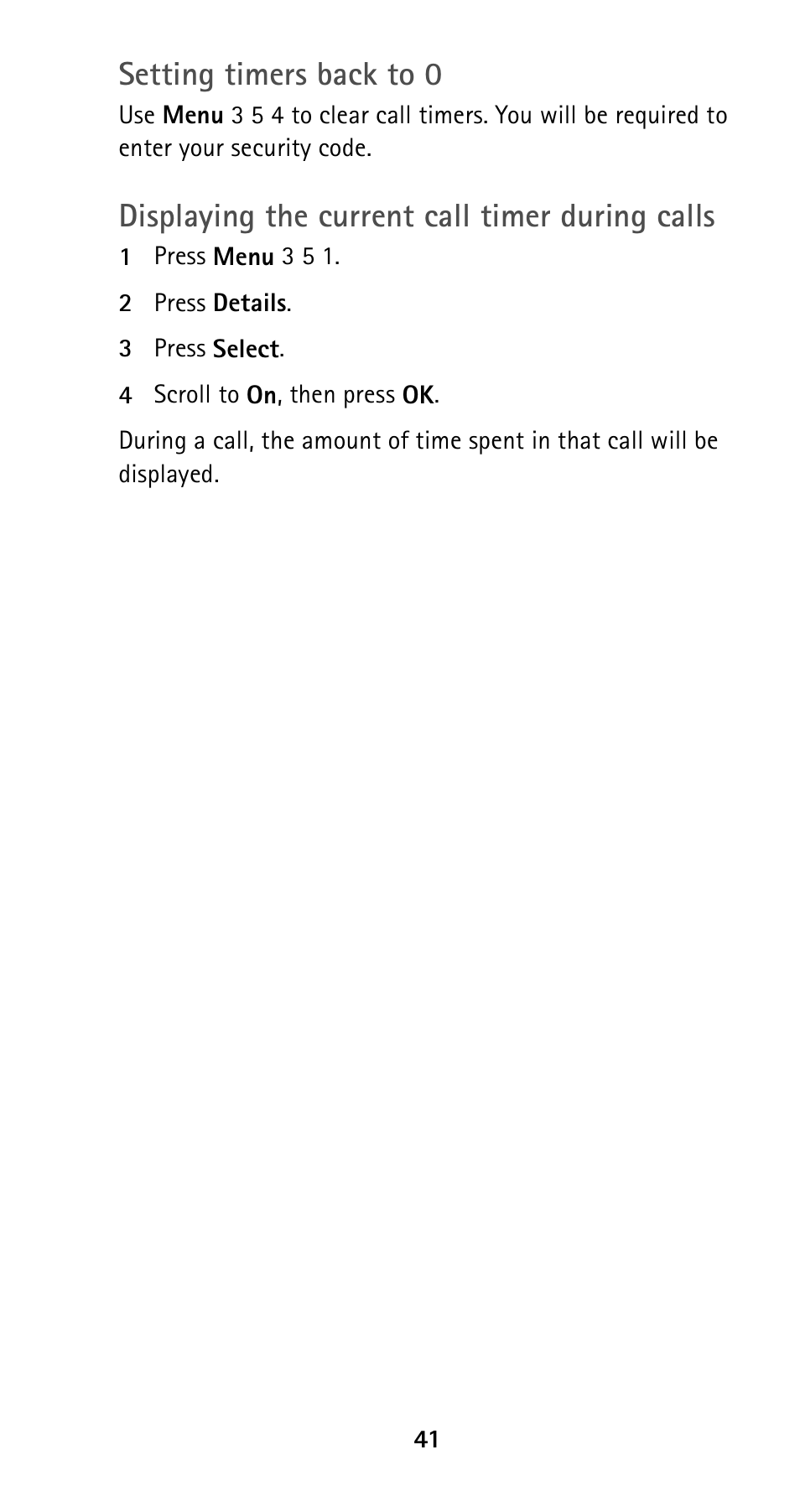 Setting timers back to 0, Displaying the current call timer during calls | Nokia 5125 User Manual | Page 48 / 89