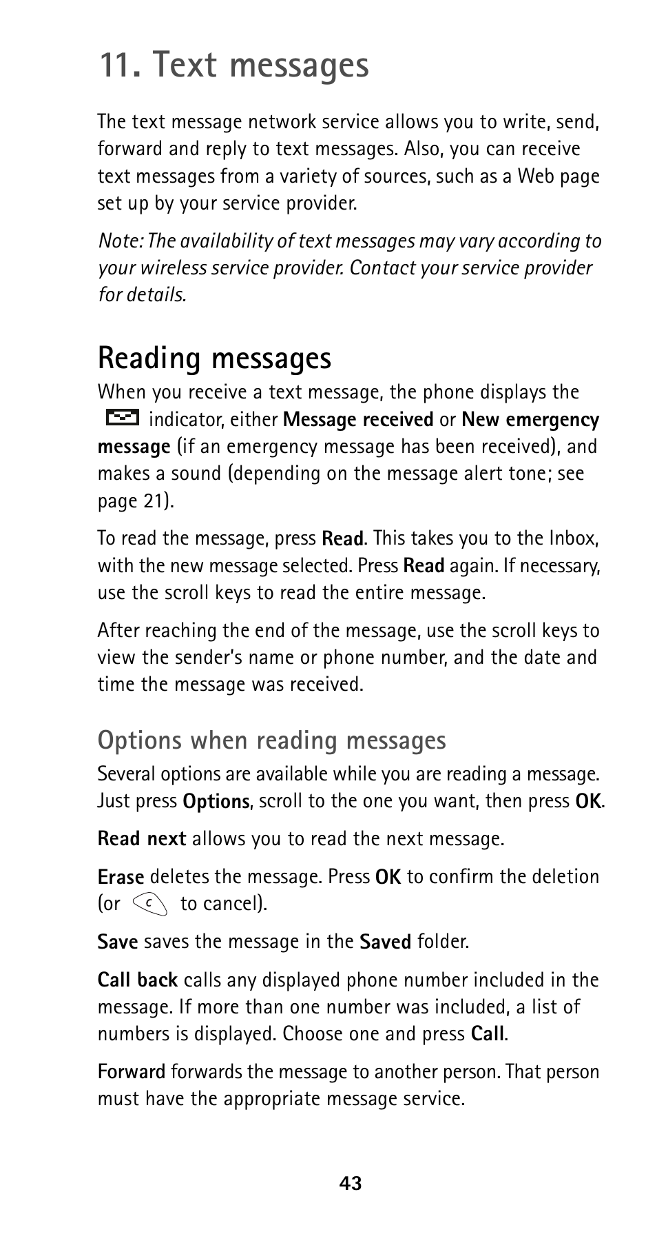 Text messages, Reading messages, Options when reading messages | Nokia 5125 User Manual | Page 50 / 89