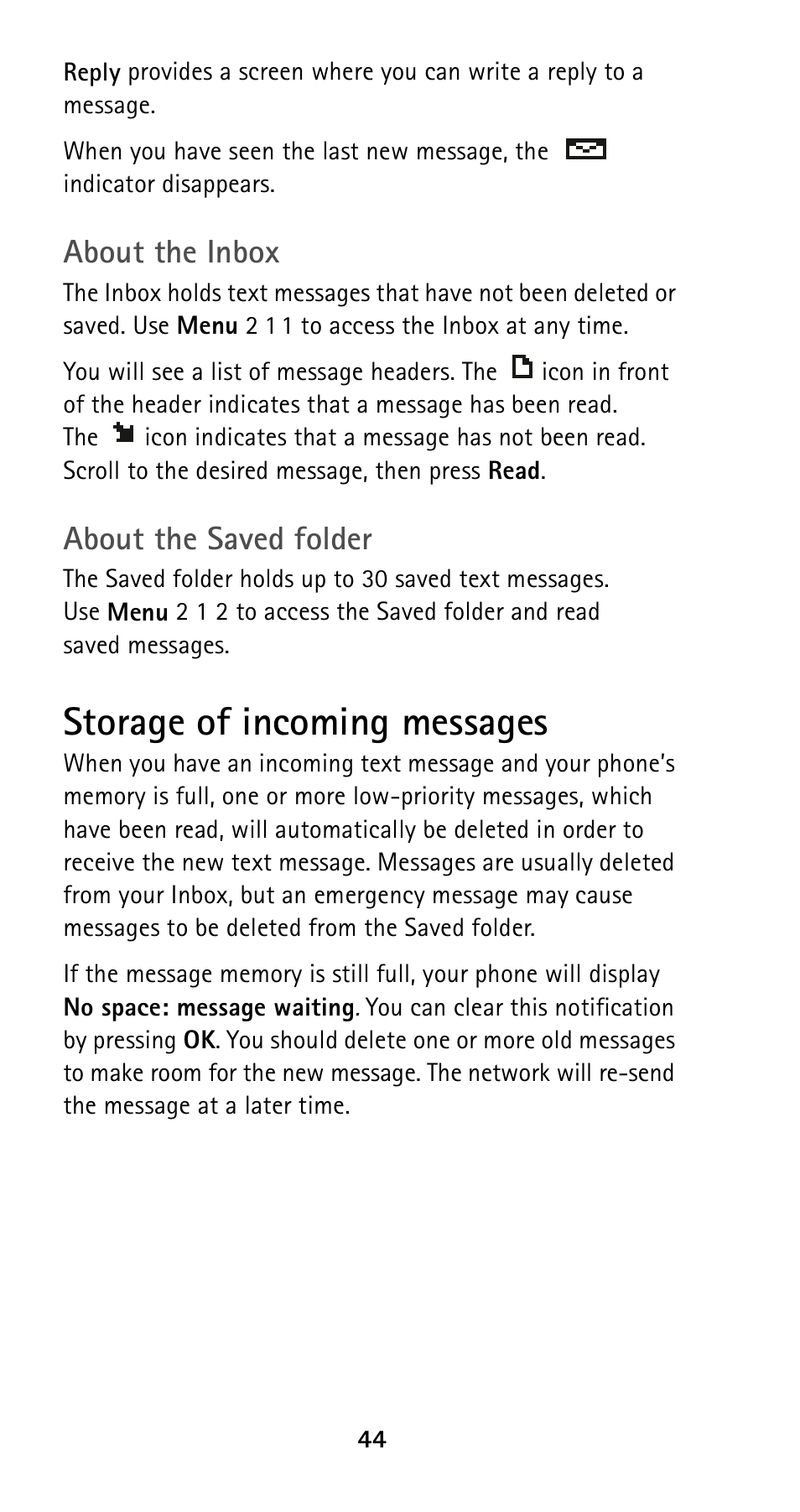 Storage of incoming messages, About the inbox, About the saved folder | Nokia 5125 User Manual | Page 51 / 89