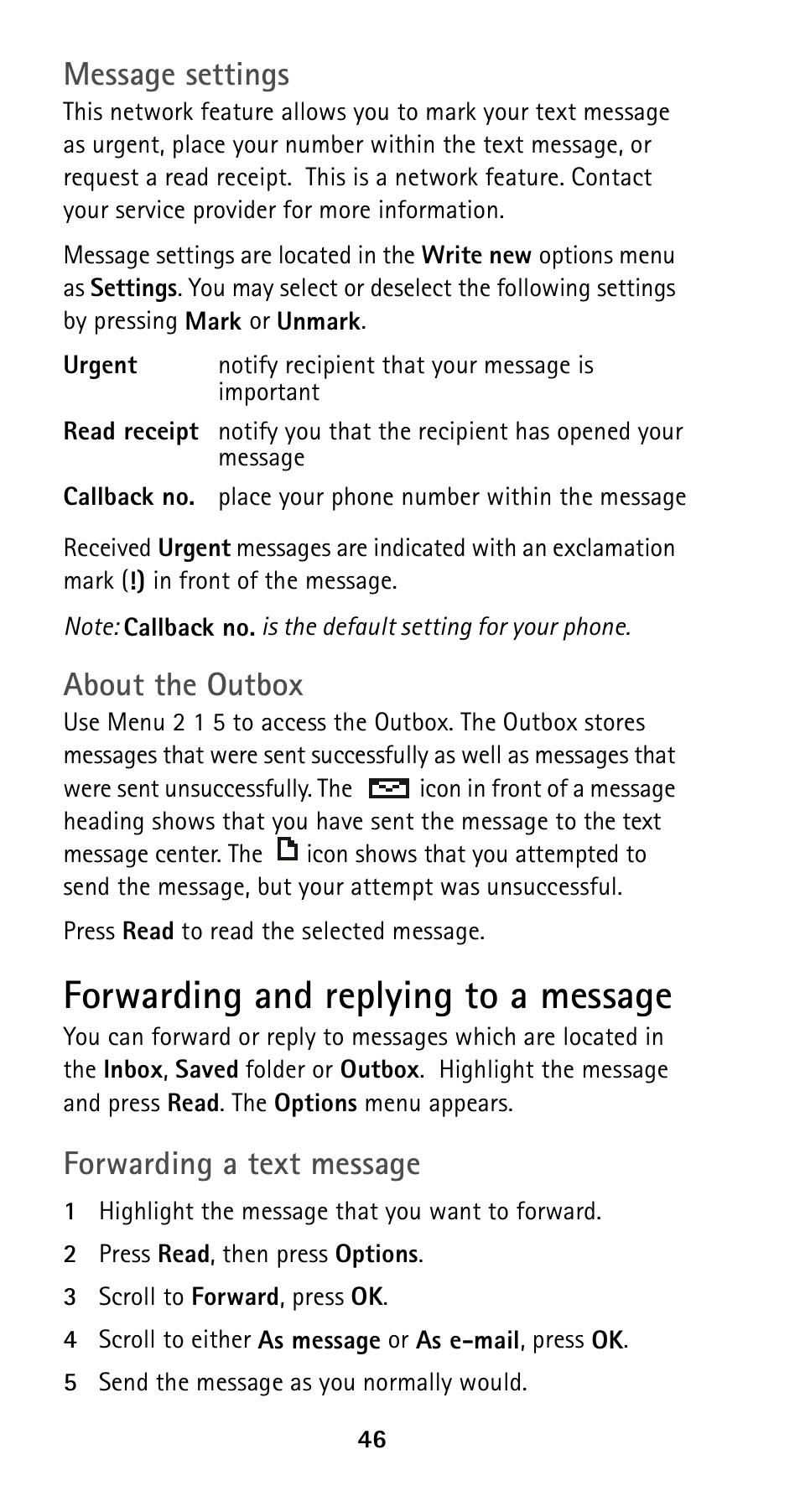 Forwarding and replying to a message, Message settings, About the outbox | Forwarding a text message | Nokia 5125 User Manual | Page 53 / 89
