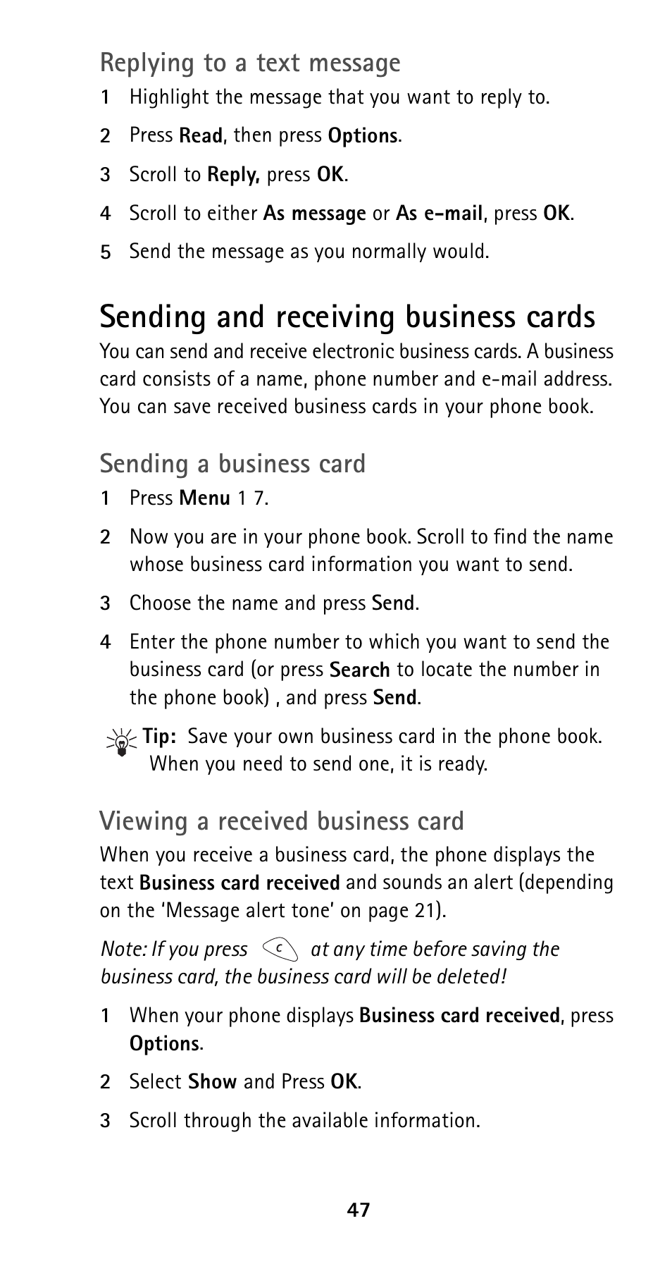 Sending and receiving business cards, Replying to a text message, Sending a business card | Viewing a received business card | Nokia 5125 User Manual | Page 54 / 89